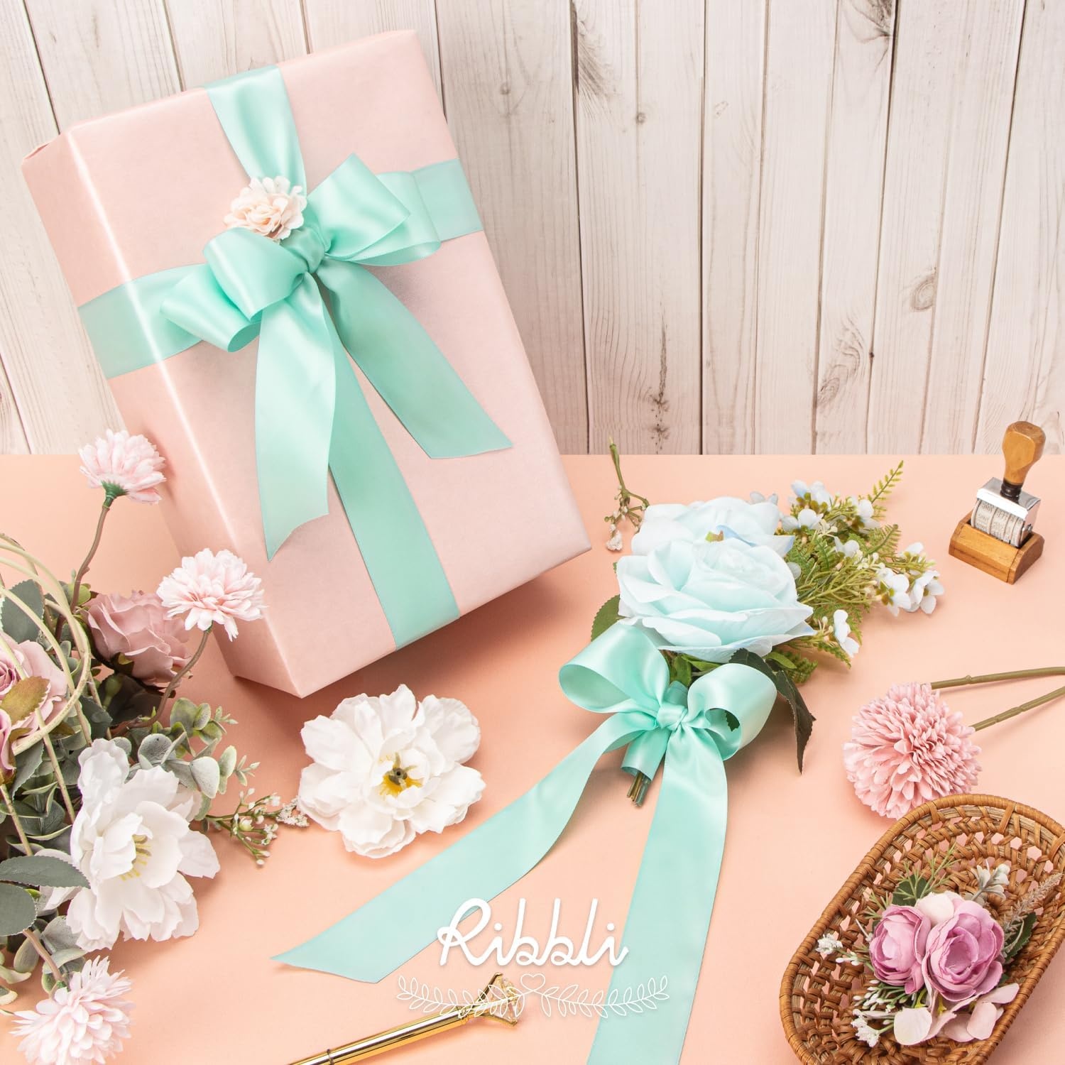 Ribbli Double Faced Rose Gold Satin Ribbon,3/8 x Continuous 25 Yards,Use for Bows Bouquet,Gift Wrapping,Floral Arrangement(Blue Aqua)