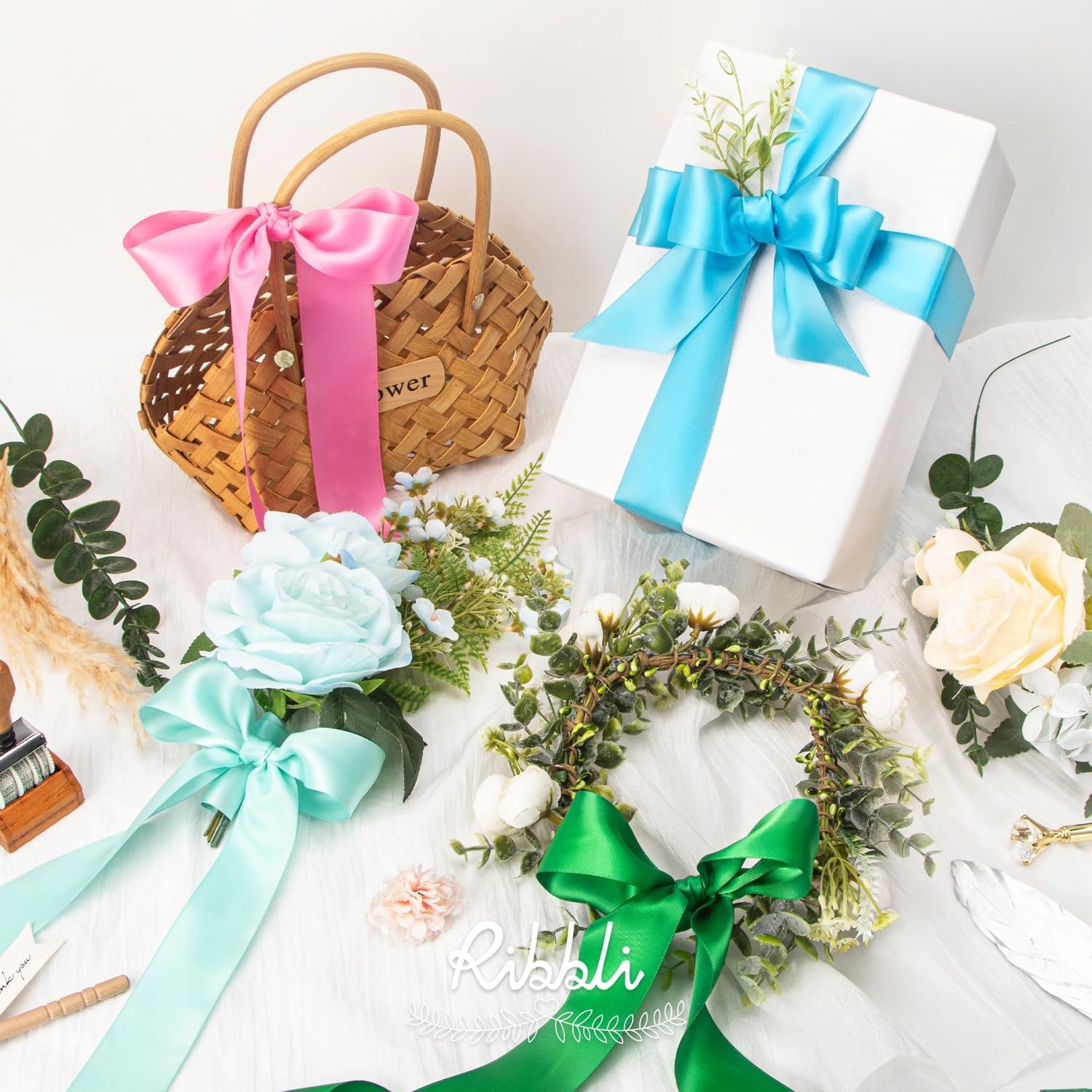 Ribbli Double Faced Rose Gold Satin Ribbon,3/8 x Continuous 25 Yards,Use for Bows Bouquet,Gift Wrapping,Floral Arrangement(Blue Aqua)
