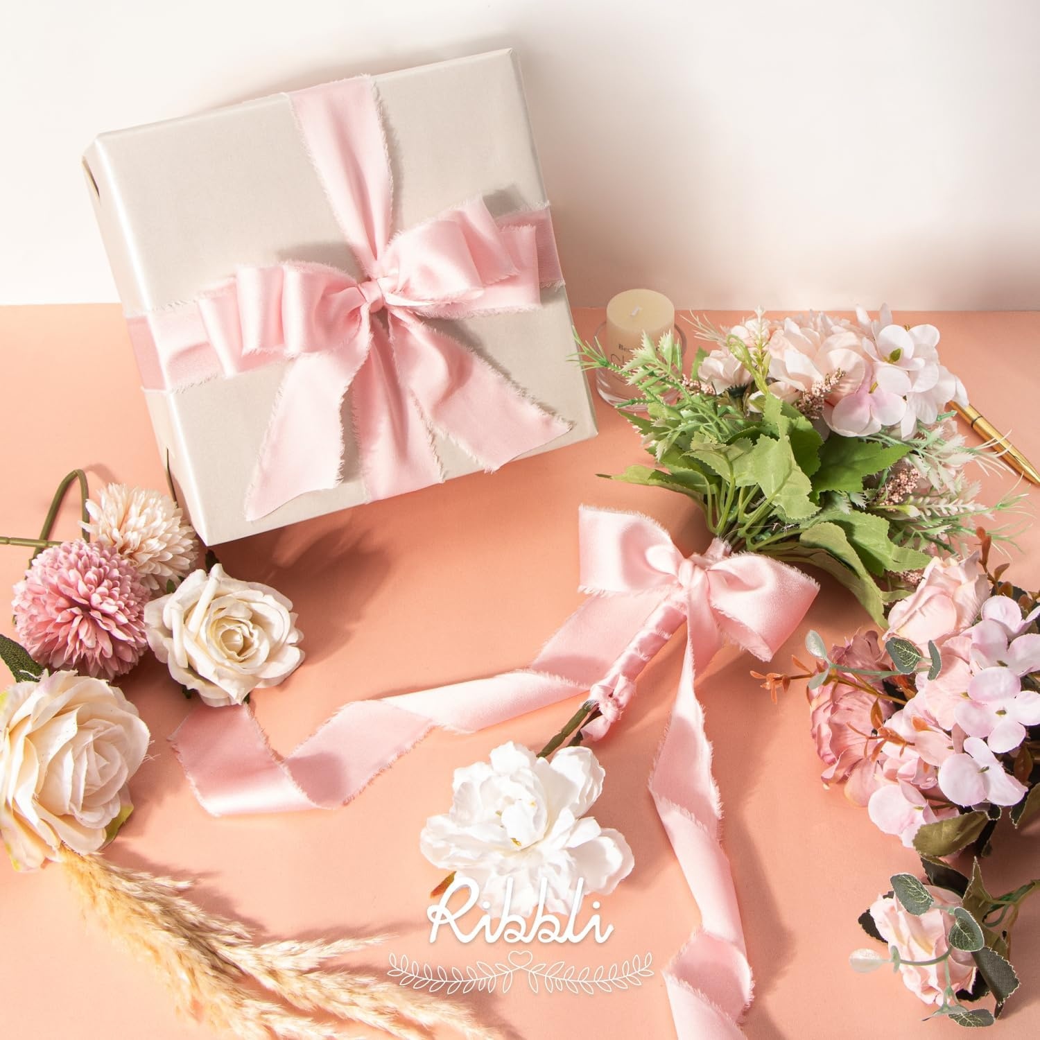 Ribbli Terracotta Silk Satin Ribbon 1.5 Inch x 30 Yard Handmade Frayed Chiffon Burnt Orange Ribbon for Gift Wrapping Wedding Invitations Bridal Bouquets Home Decor(Light Pink)