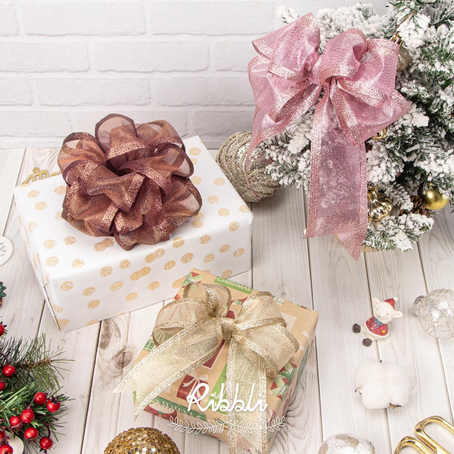 Ribbli Pink Christmas Wired Ribbon, Metallic Wired Ribbon with Glitter Edge 1-1/2 Inch x 10 Yard for Christmas Tree Decoration, Gift Wrapping, Wreaths Supplies, Swag, Holiday Decor(Champagne)