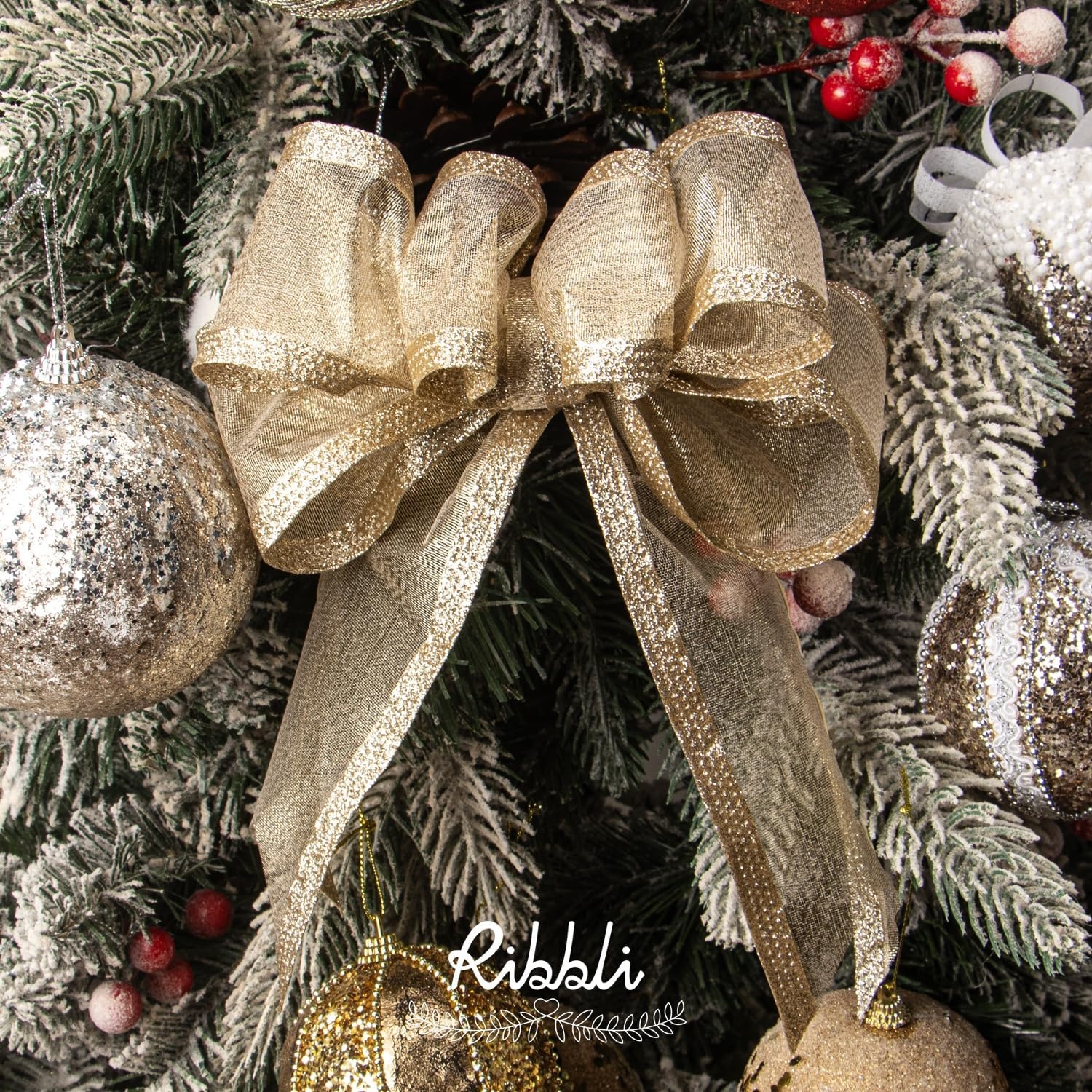 Ribbli Pink Christmas Wired Ribbon, Metallic Wired Ribbon with Glitter Edge 1-1/2 Inch x 10 Yard for Christmas Tree Decoration, Gift Wrapping, Wreaths Supplies, Swag, Holiday Decor(Champagne)