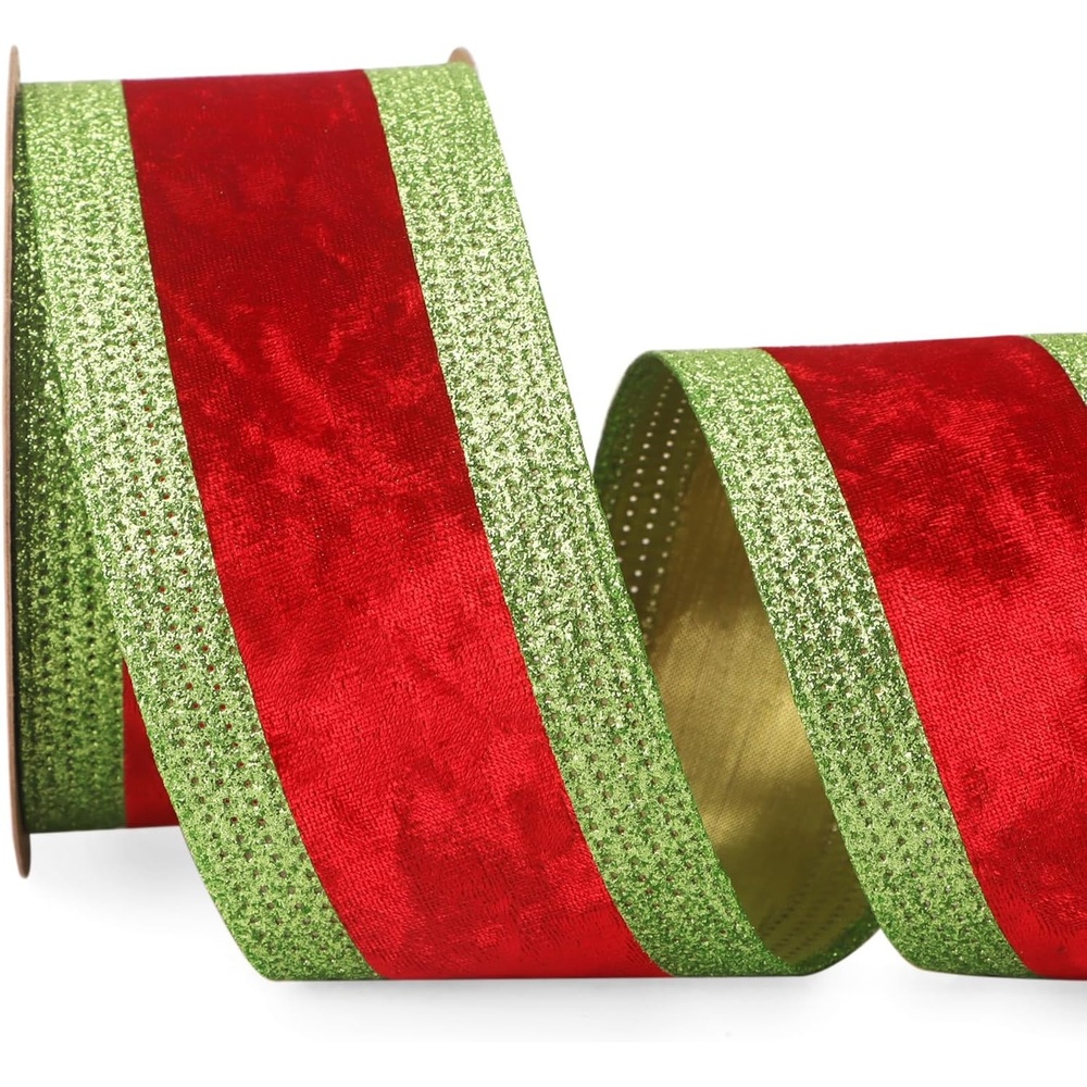 Ribbli Dusty Green Velvet Wired Ribbon with Glitter Edge 4 Inch Christmas Ribbon for Tree Gift Wrapping Wreaths Garland Topper Bows Crafts Home Decor -10 Yards(Red/Lime)