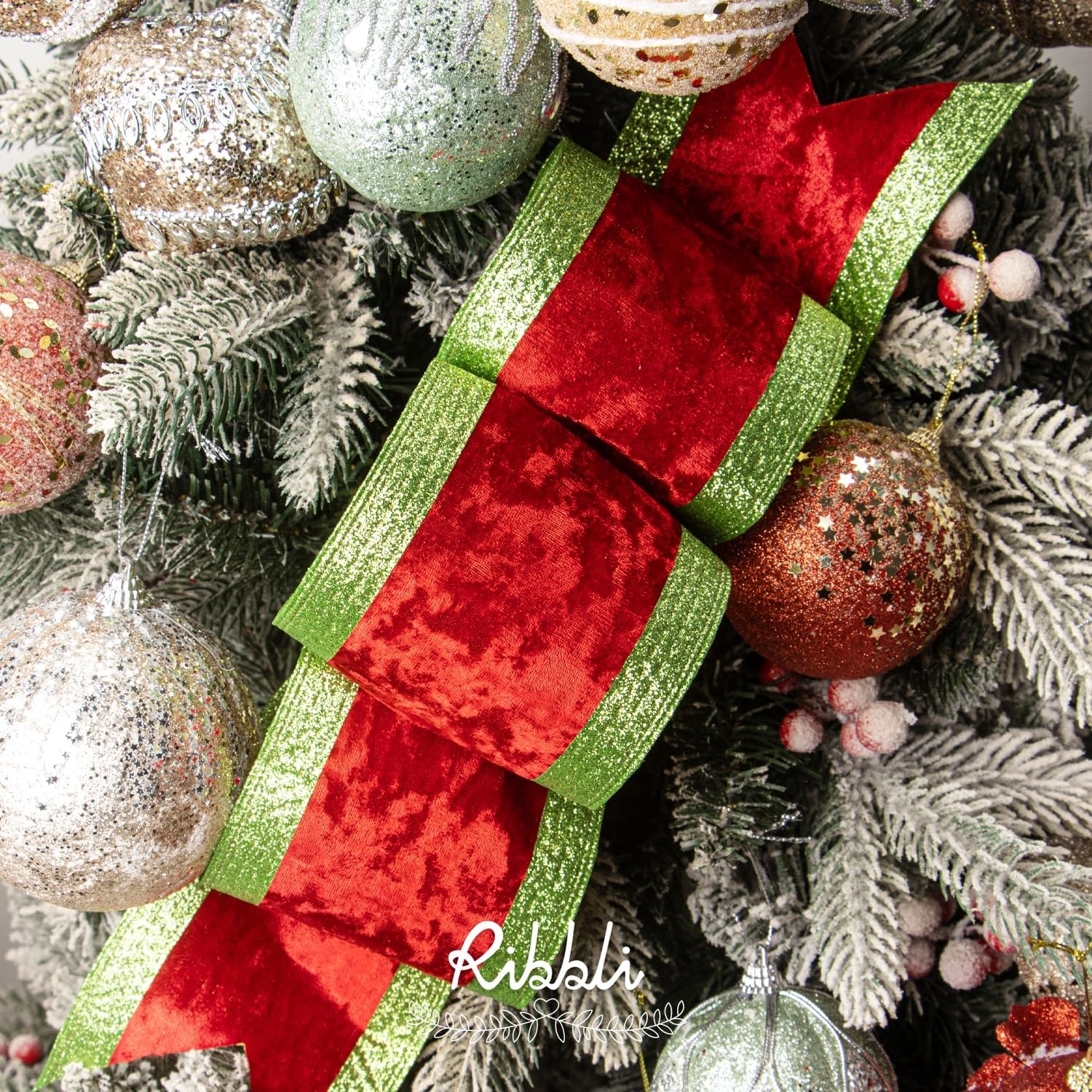 Ribbli Dusty Green Velvet Wired Ribbon with Glitter Edge 4 Inch Christmas Ribbon for Tree Gift Wrapping Wreaths Garland Topper Bows Crafts Home Decor -10 Yards(Red/Lime)