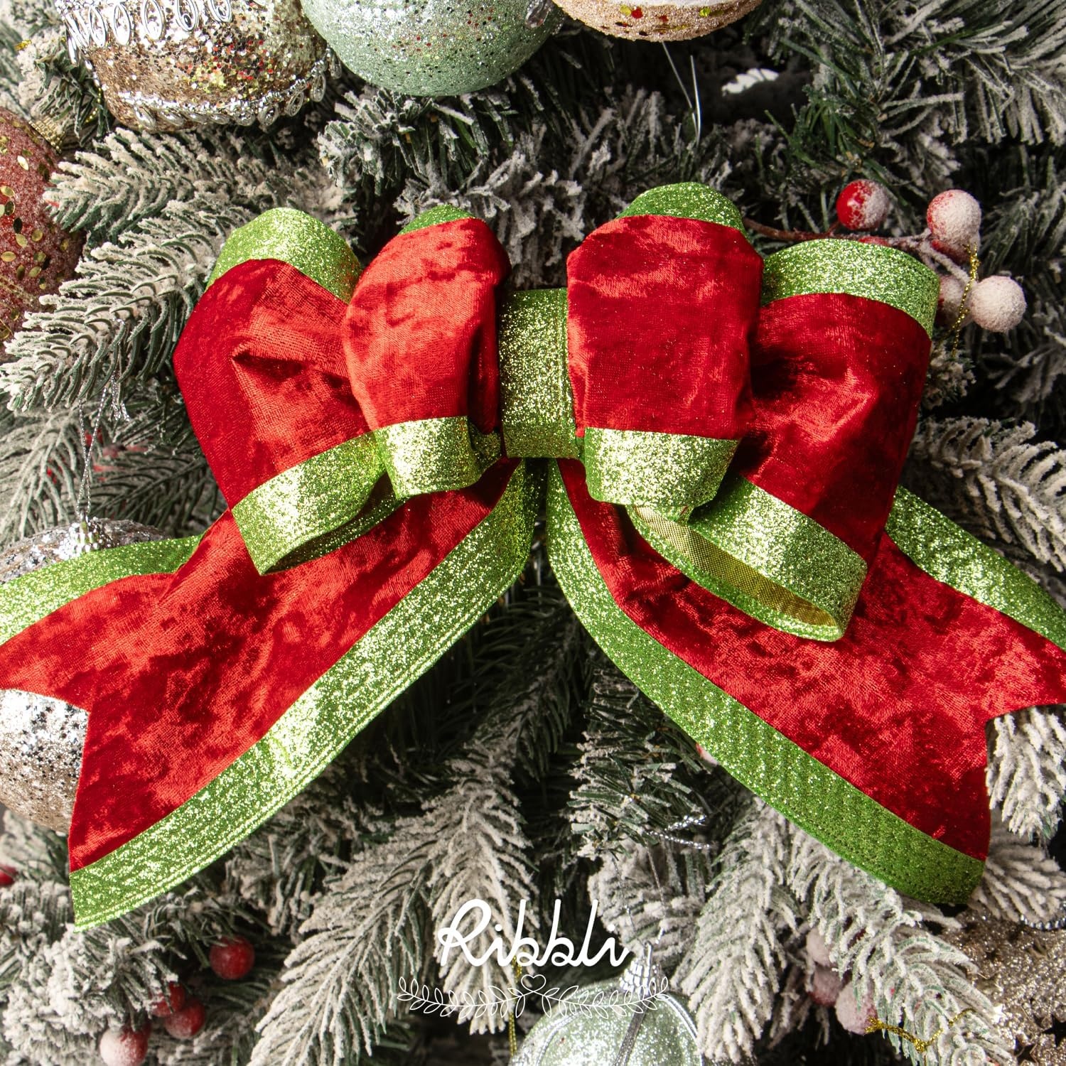Ribbli Dusty Green Velvet Wired Ribbon with Glitter Edge 4 Inch Christmas Ribbon for Tree Gift Wrapping Wreaths Garland Topper Bows Crafts Home Decor -10 Yards(Red/Lime)