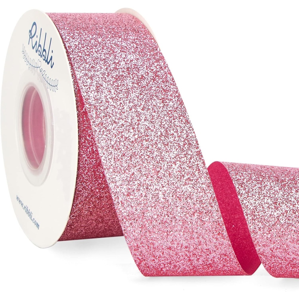 Ribbli Royal Blue Glitter Ribbon,Gift Wrapping Cut Edge Christmas Ribbon for Crafts, Chritmas Tree Decoration,Ornaments Decoration,Home Decor, 3/8 Inch x 25 Yards(Pink)