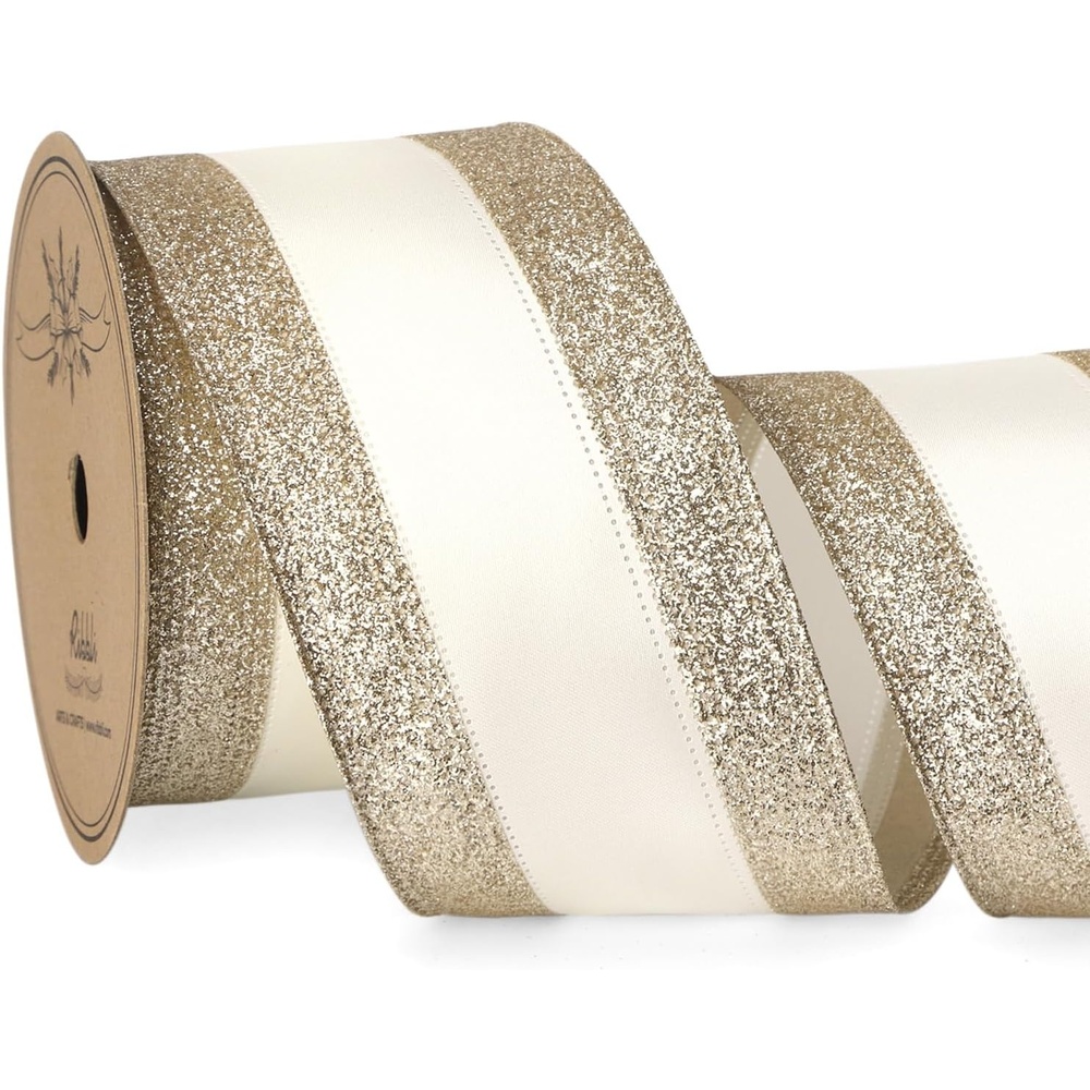 Ribbli Champagne Wired Ribbon Ivory Satin with Champagne Glitter Edge 2.5 Inch Christmas Ribbon for Tree Gift Wrapping Wreaths Garland Topper Bows Crafts Home Decor -10 Yards(Champagne/Ivory)