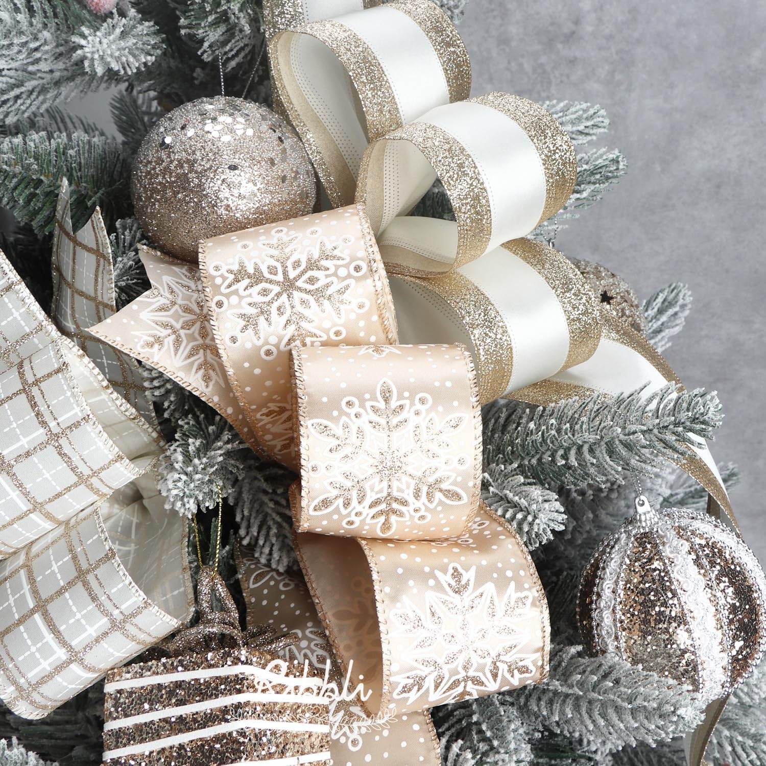 Ribbli Champagne Wired Ribbon Ivory Satin with Champagne Glitter Edge 2.5 Inch Christmas Ribbon for Tree Gift Wrapping Wreaths Garland Topper Bows Crafts Home Decor -10 Yards(Champagne/Ivory)