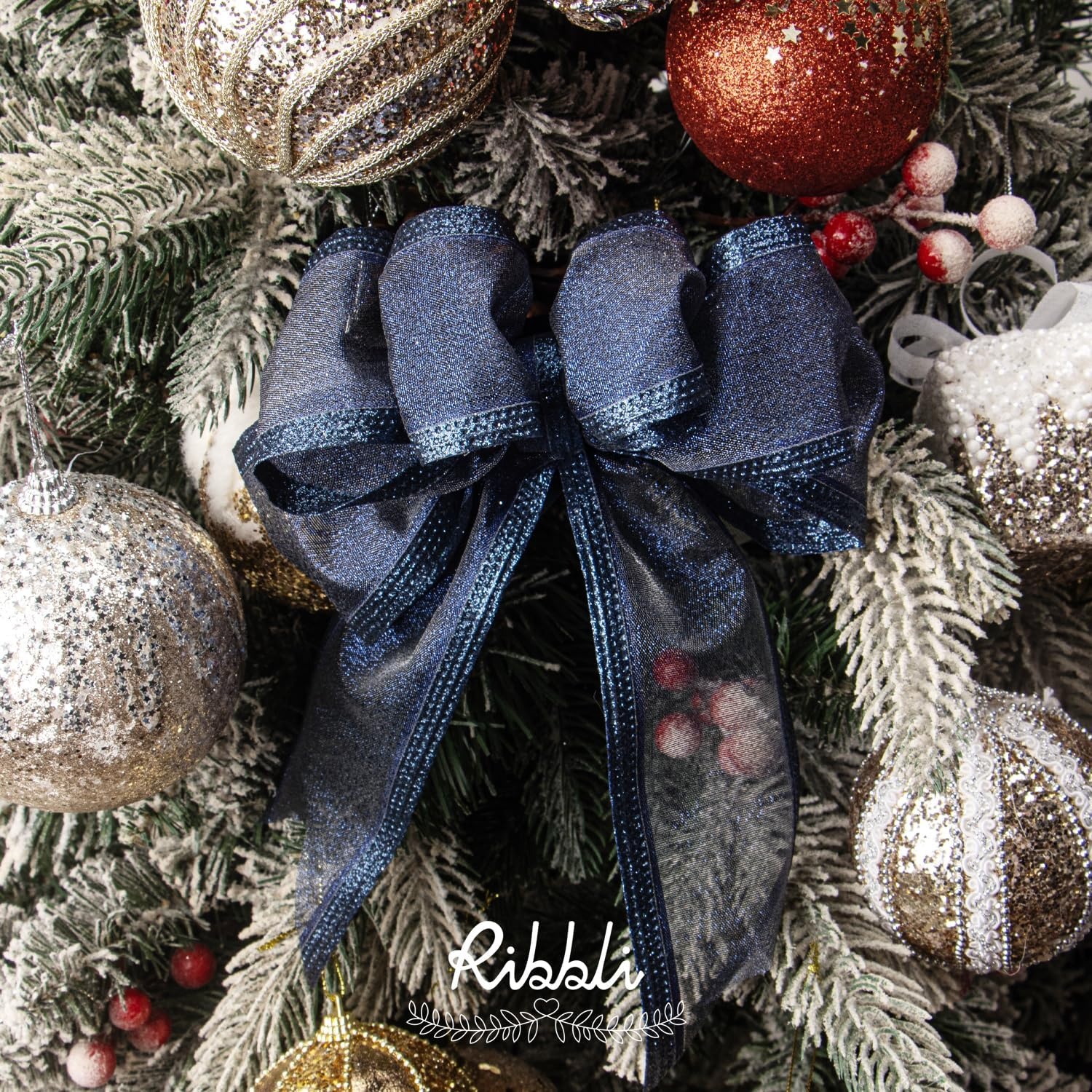 Ribbli Pink Christmas Wired Ribbon, Metallic Wired Ribbon with Glitter Edge 1-1/2 Inch x 10 Yard for Christmas Tree Decoration, Gift Wrapping, Wreaths Supplies, Swag, Holiday Decor(Navy)