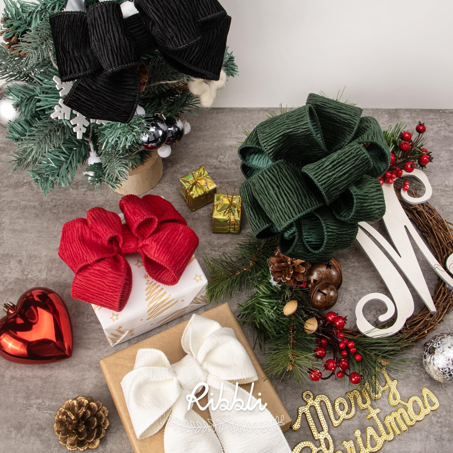 Ribbli Dark Green Crinkled Velvet Wired Ribbon 2.5 Inch Velvet Christmas Ribbon for Gift Wrapping Christmas Tree Decoration Crafts Wreaths Supplies-Continuous 10 Yards(White)