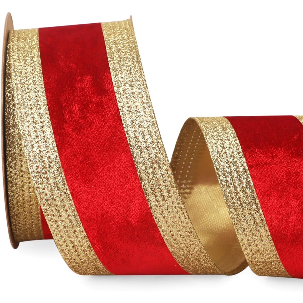 Ribbli Dusty Green Velvet Wired Ribbon with Glitter Edge 4 Inch Christmas Ribbon for Tree Gift Wrapping Wreaths Garland Topper Bows Crafts Home Decor -10 Yards(Red/Gold)