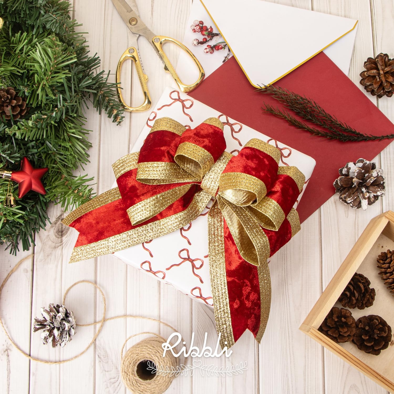Ribbli Dusty Green Velvet Wired Ribbon with Glitter Edge 4 Inch Christmas Ribbon for Tree Gift Wrapping Wreaths Garland Topper Bows Crafts Home Decor -10 Yards(Red/Gold)