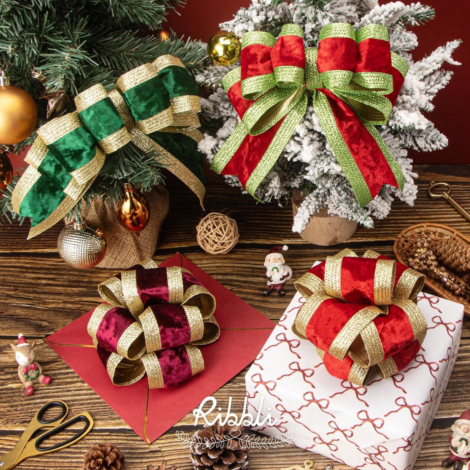 Ribbli Dusty Green Velvet Wired Ribbon with Glitter Edge 4 Inch Christmas Ribbon for Tree Gift Wrapping Wreaths Garland Topper Bows Crafts Home Decor -10 Yards(Red/Gold)