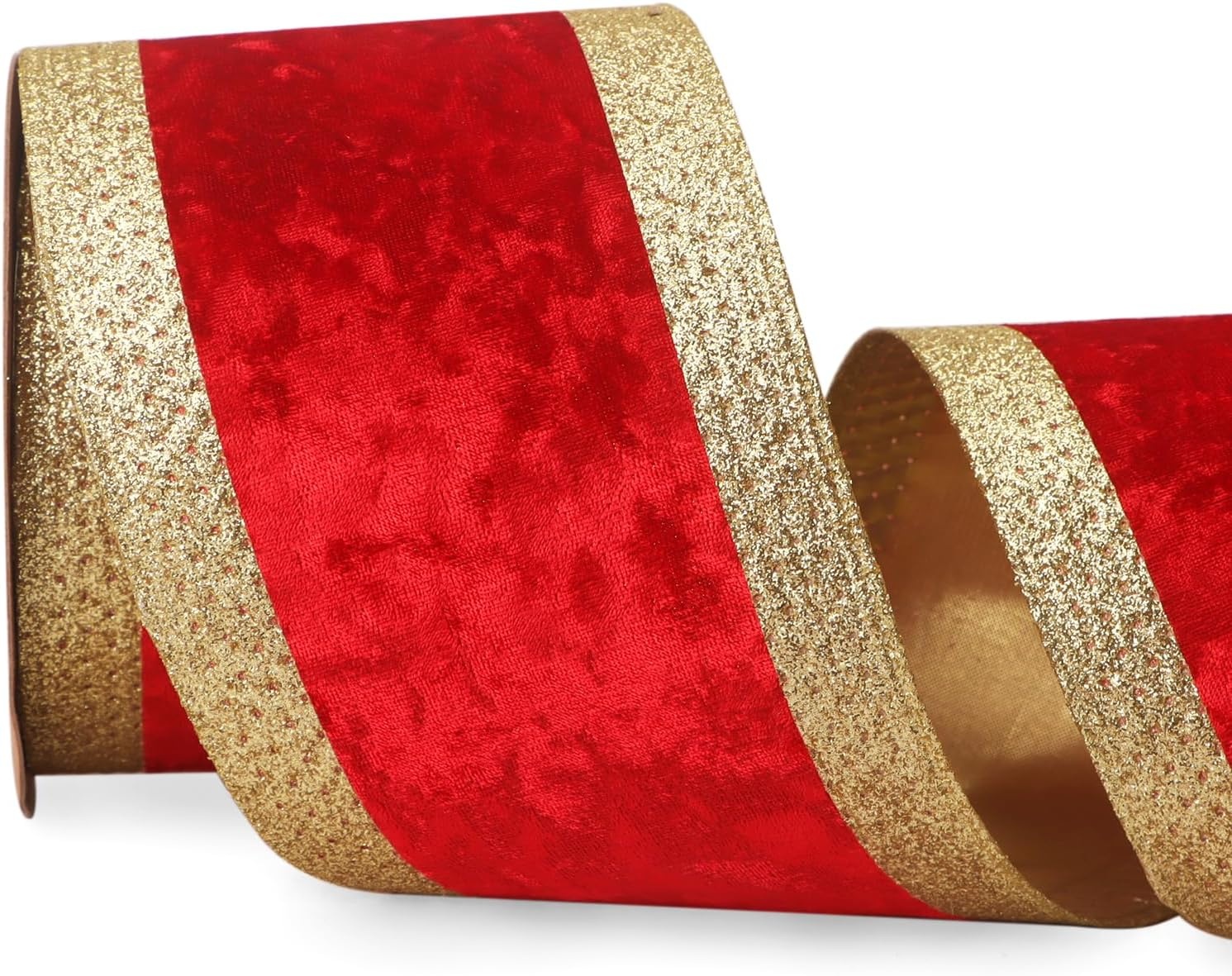 Ribbli Dusty Green Velvet Wired Ribbon with Glitter Edge 4 Inch Christmas Ribbon for Tree Gift Wrapping Wreaths Garland Topper Bows Crafts Home Decor -10 Yards(Red/Gold)