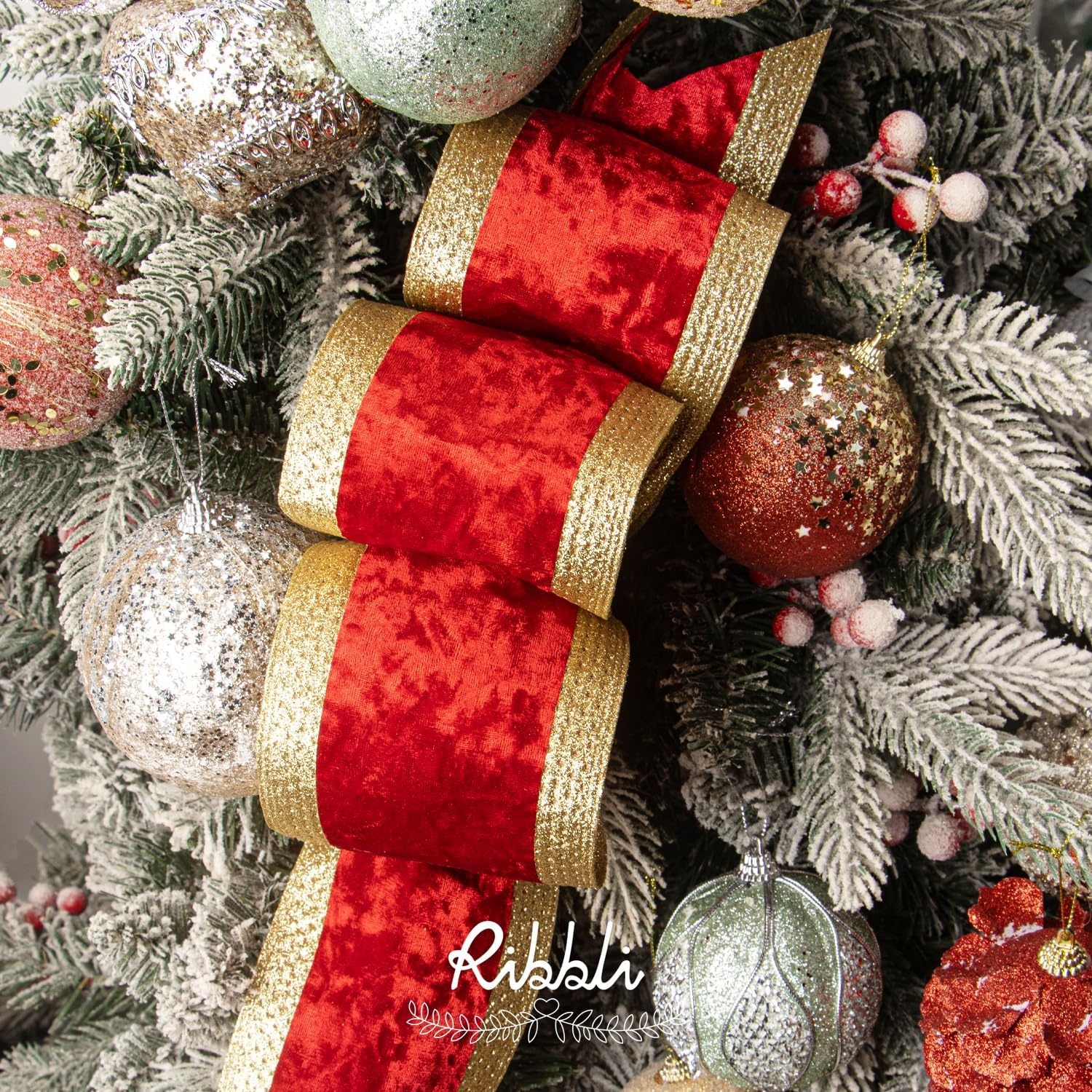 Ribbli Dusty Green Velvet Wired Ribbon with Glitter Edge 4 Inch Christmas Ribbon for Tree Gift Wrapping Wreaths Garland Topper Bows Crafts Home Decor -10 Yards(Red/Gold)