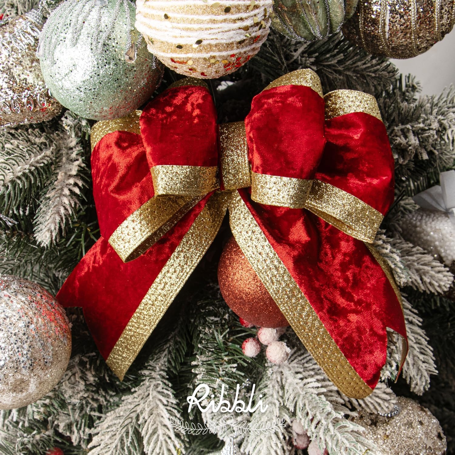 Ribbli Dusty Green Velvet Wired Ribbon with Glitter Edge 4 Inch Christmas Ribbon for Tree Gift Wrapping Wreaths Garland Topper Bows Crafts Home Decor -10 Yards(Red/Gold)