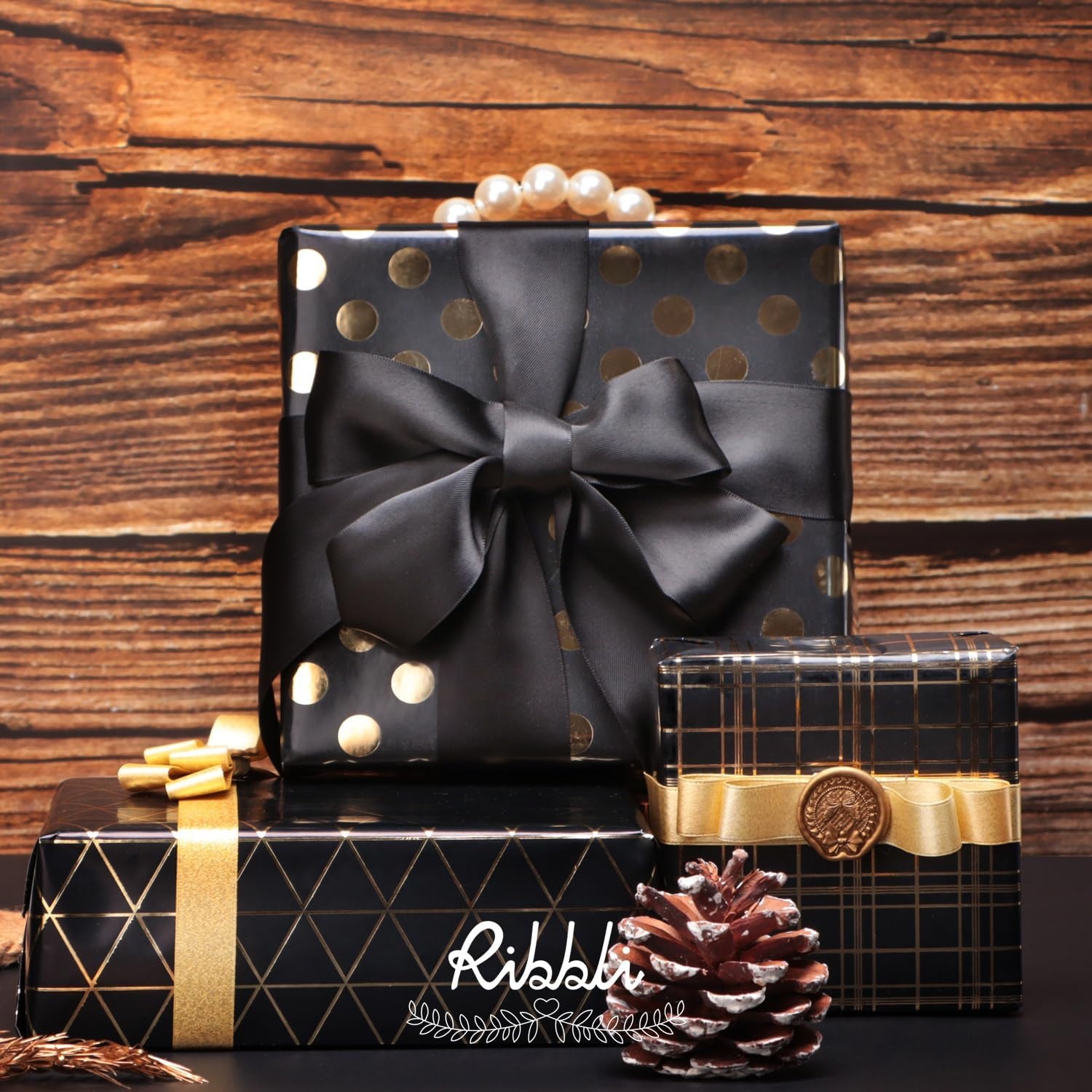 Ribbli Black Double Faced Purl Ribbon, Luxury Glitter, 3/8 Inch x 10 Yard, Wedding Ribbon for Crafts, Gift Wrapping & Bottle Decoration(Gold)