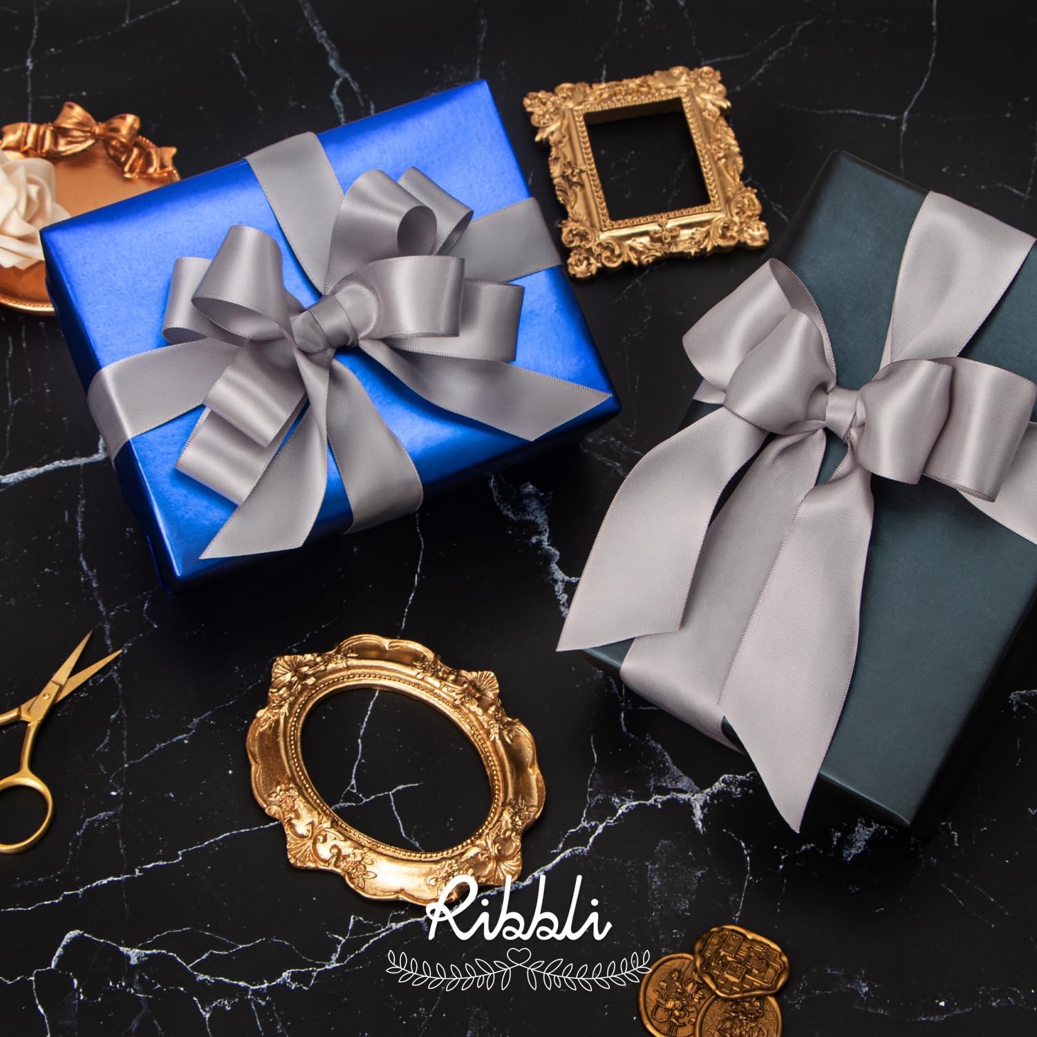 Ribbli Double Faced Rose Gold Satin Ribbon,3/8 x Continuous 25 Yards,Use for Bows Bouquet,Gift Wrapping,Floral Arrangement(Silver)