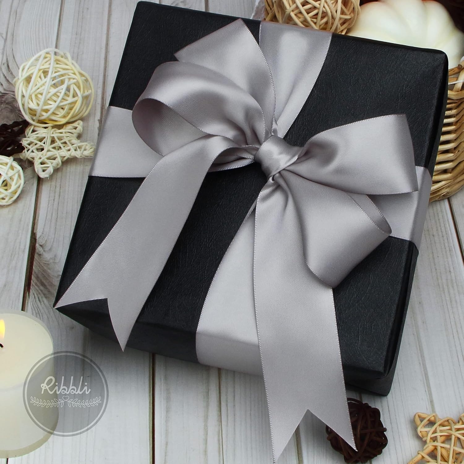 Ribbli Double Faced Rose Gold Satin Ribbon,3/8 x Continuous 25 Yards,Use for Bows Bouquet,Gift Wrapping,Floral Arrangement(Silver)