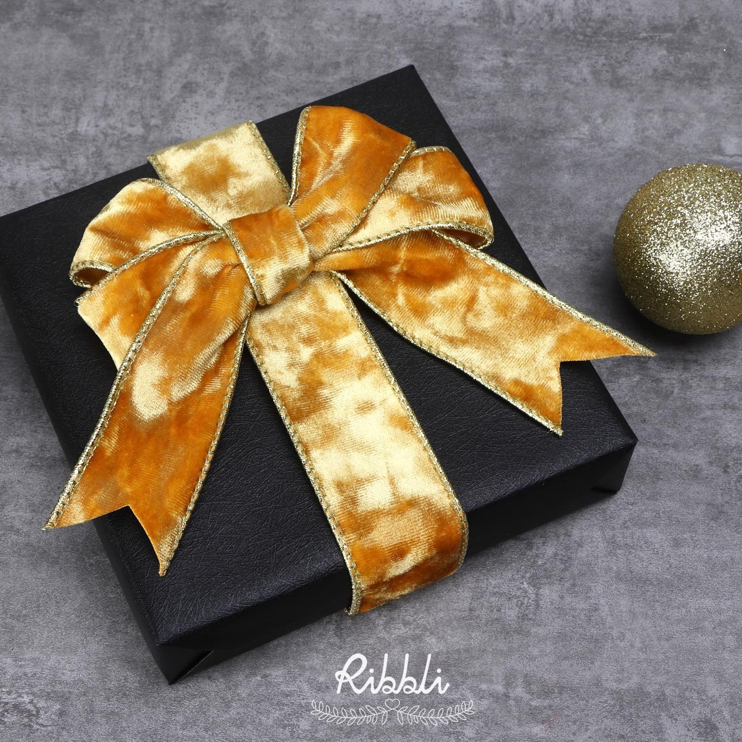 Ribbli Black Velvet Wired Ribbon 2.5 Inch Metallic Black Gold Crushed Velvet Christmas Ribbon for Gift Wrapping Christmas Tree Decoration Crafts Wreaths Supplies-Continuous 10 Yards(Gold)
