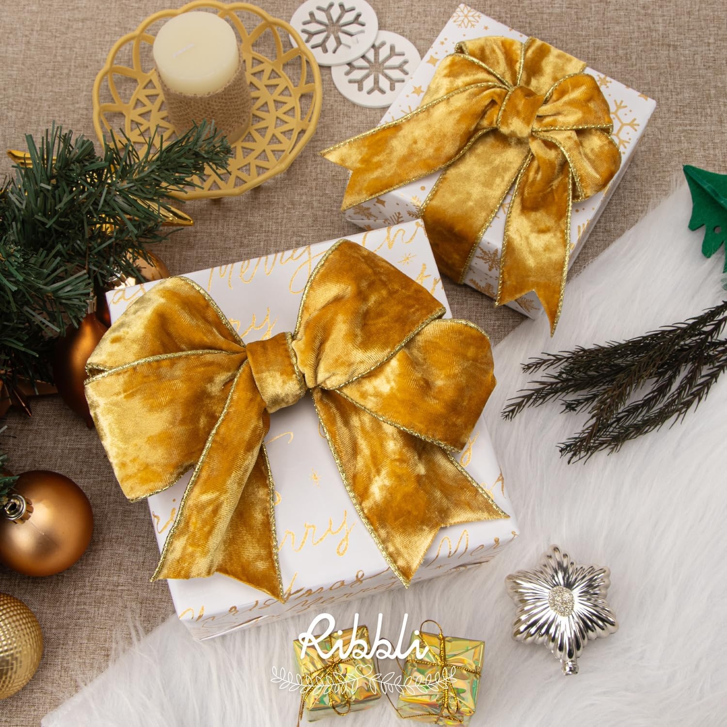 Ribbli Black Velvet Wired Ribbon 2.5 Inch Metallic Black Gold Crushed Velvet Christmas Ribbon for Gift Wrapping Christmas Tree Decoration Crafts Wreaths Supplies-Continuous 10 Yards(Gold)