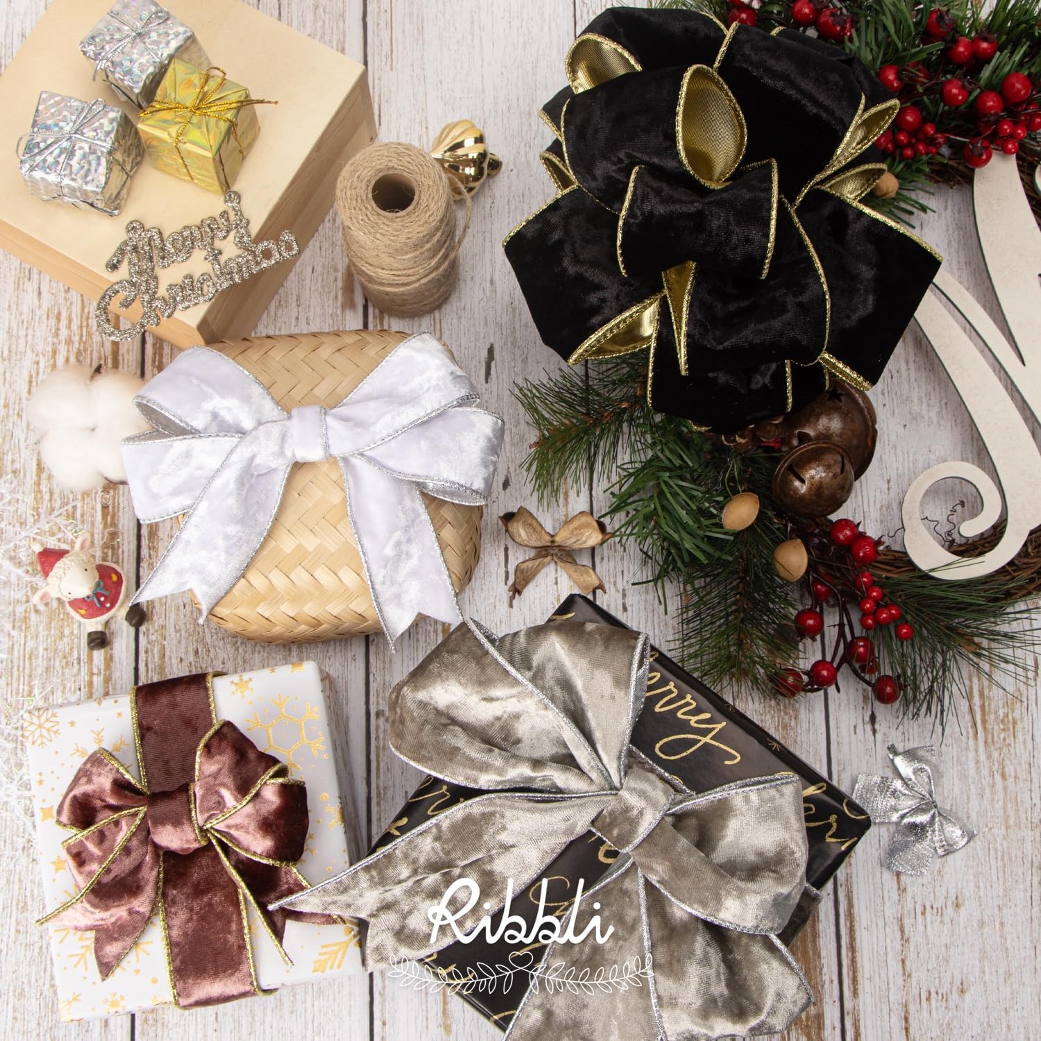 Ribbli Black Velvet Wired Ribbon 2.5 Inch Metallic Black Gold Crushed Velvet Christmas Ribbon for Gift Wrapping Christmas Tree Decoration Crafts Wreaths Supplies-Continuous 10 Yards(Gold)