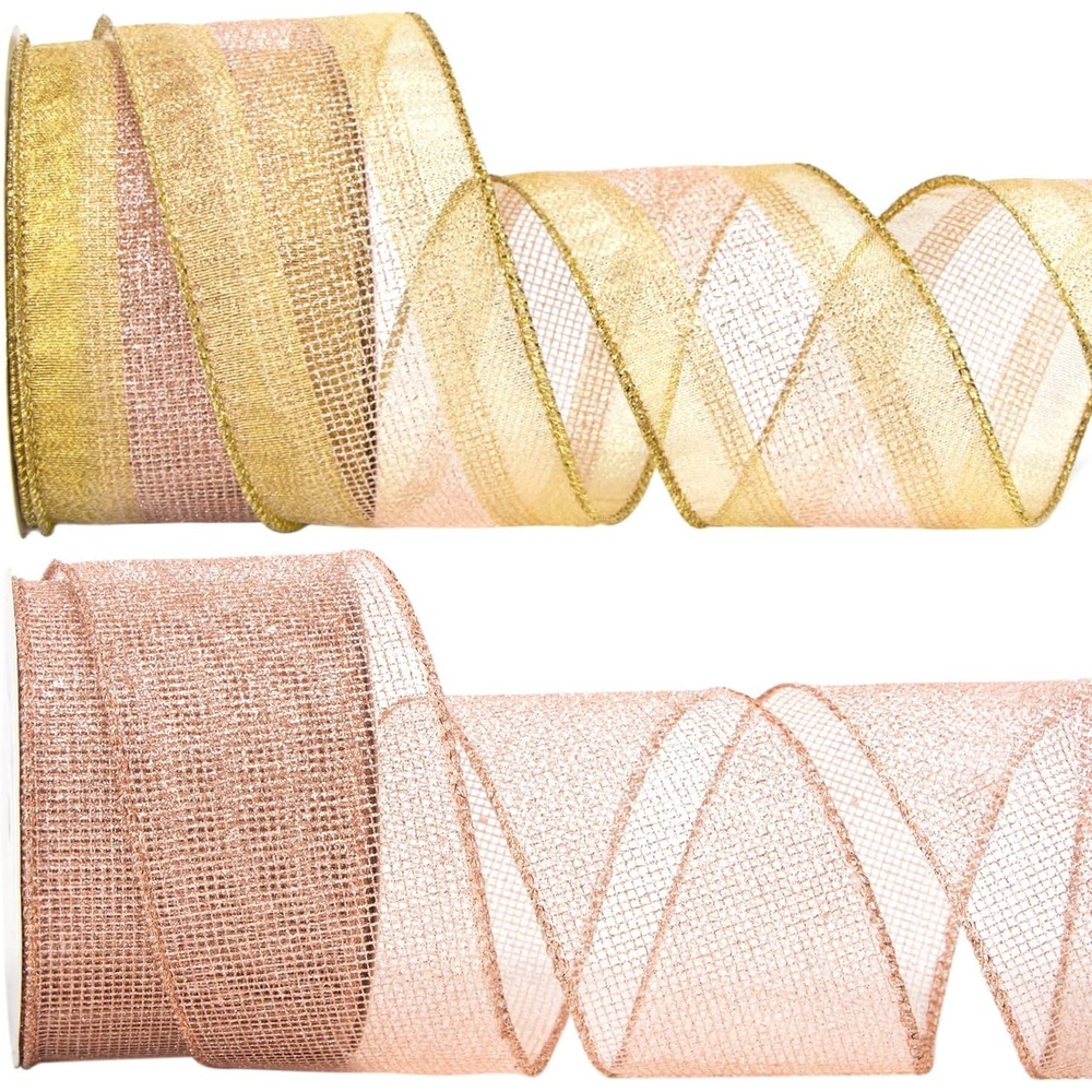 Ribbli Gold & Rose Gold Wired Ribbon,Metallic Gold and Rose Gold Glitter Mesh Ribbon,Christmas Ribbon for Crafts,Wreaths,Topper Bow,Gift Wrapping,Tree Decoration-2Rolls 2-1/2 Inch Total 20 Yard