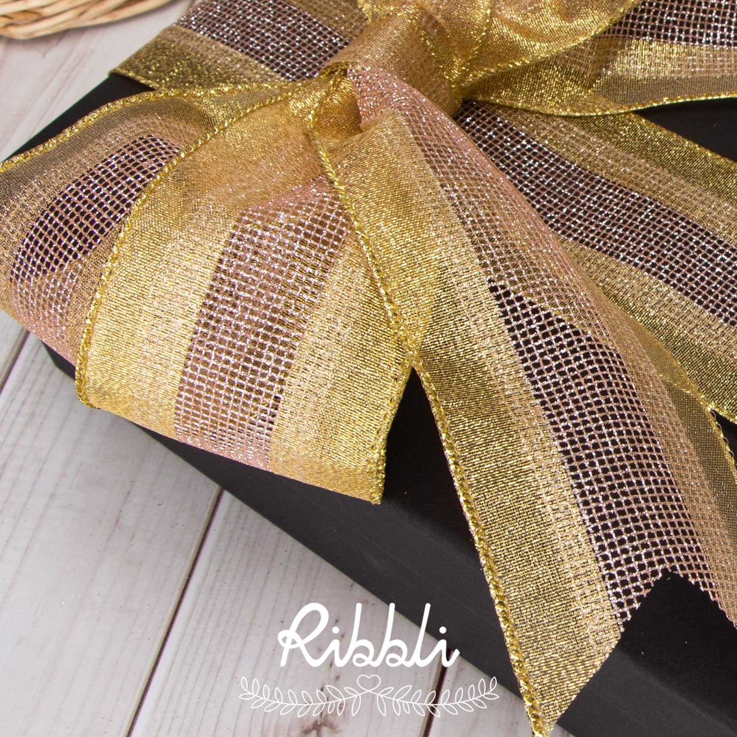 Ribbli Gold & Rose Gold Wired Ribbon,Metallic Gold and Rose Gold Glitter Mesh Ribbon,Christmas Ribbon for Crafts,Wreaths,Topper Bow,Gift Wrapping,Tree Decoration-2Rolls 2-1/2 Inch Total 20 Yard