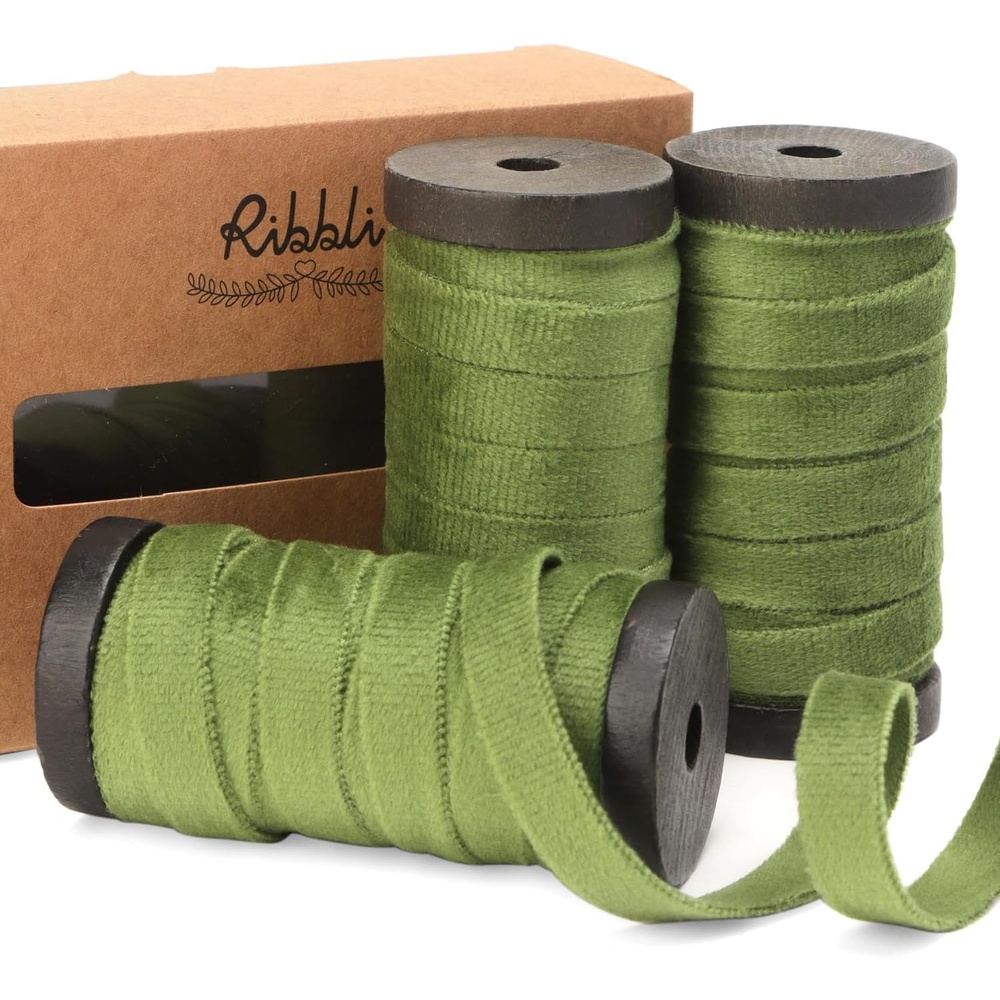 Ribbli Antique Gold Velvet Ribbon 3 Rolls Double Faced 3/8 Inch 18-Yard with Wooden Spool Use for Christmas Tree Ornaments Gift Wrapping Wreath Decoration Wedding Boutonnieres(Sage)