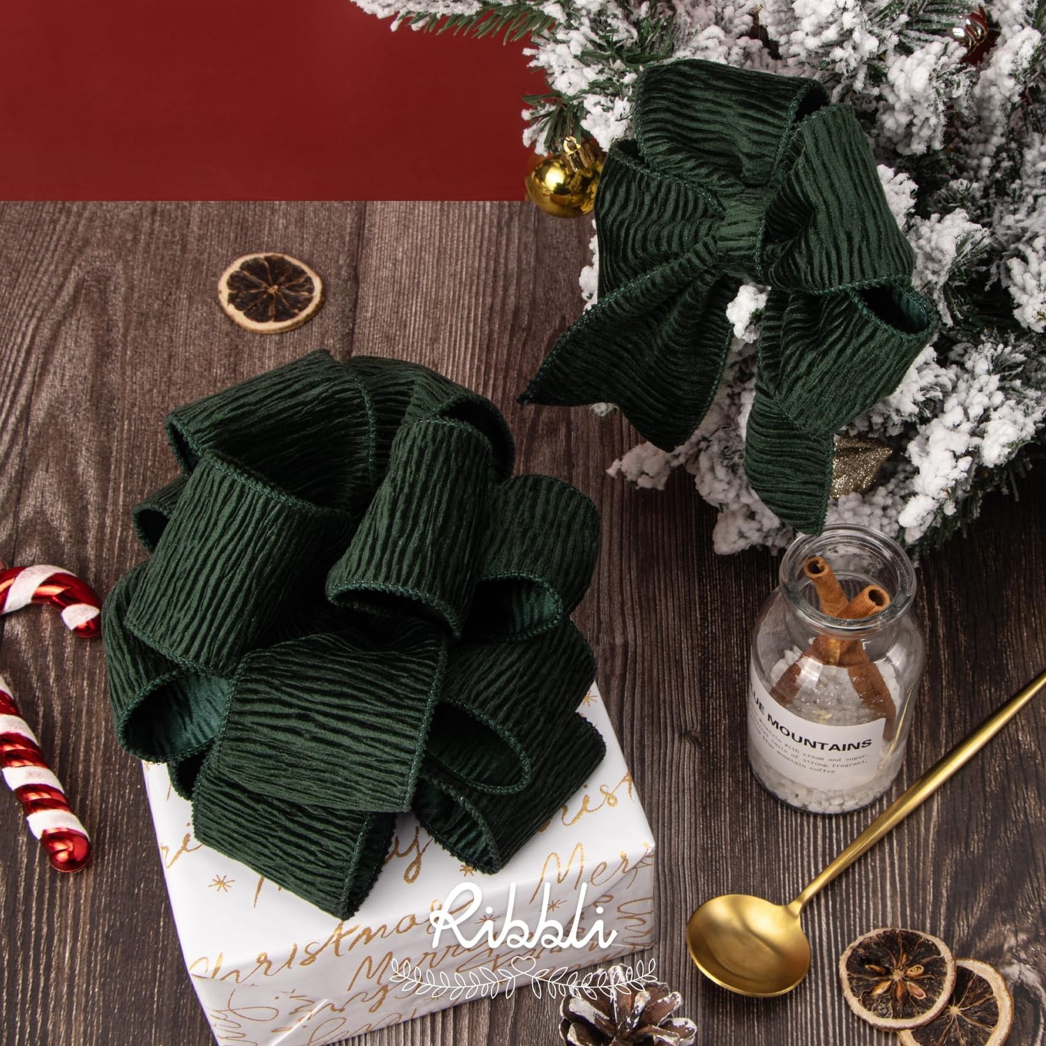 Ribbli Camel Crinkled Velvet Wired Ribbon 2.5 Inch Velvet Christmas Ribbon for Gift Wrapping Christmas Tree Decoration Crafts Wreaths Supplies-Continuous 10 Yards(Dark Green)