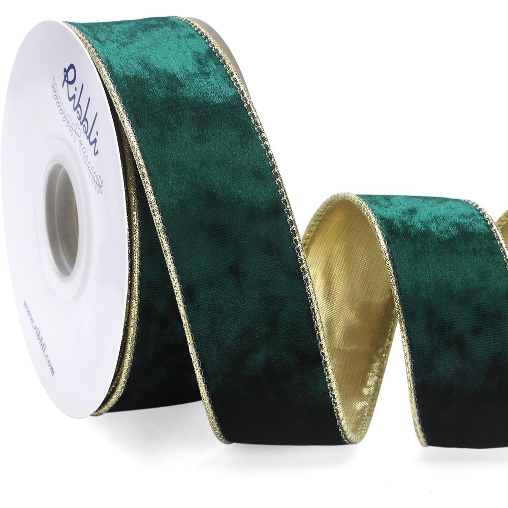 Ribbli Black Velvet Wired Ribbon 2.5 Inch Metallic Black Gold Crushed Velvet Christmas Ribbon for Gift Wrapping Christmas Tree Decoration Crafts Wreaths Supplies-Continuous 10 Yards(Forest Green)