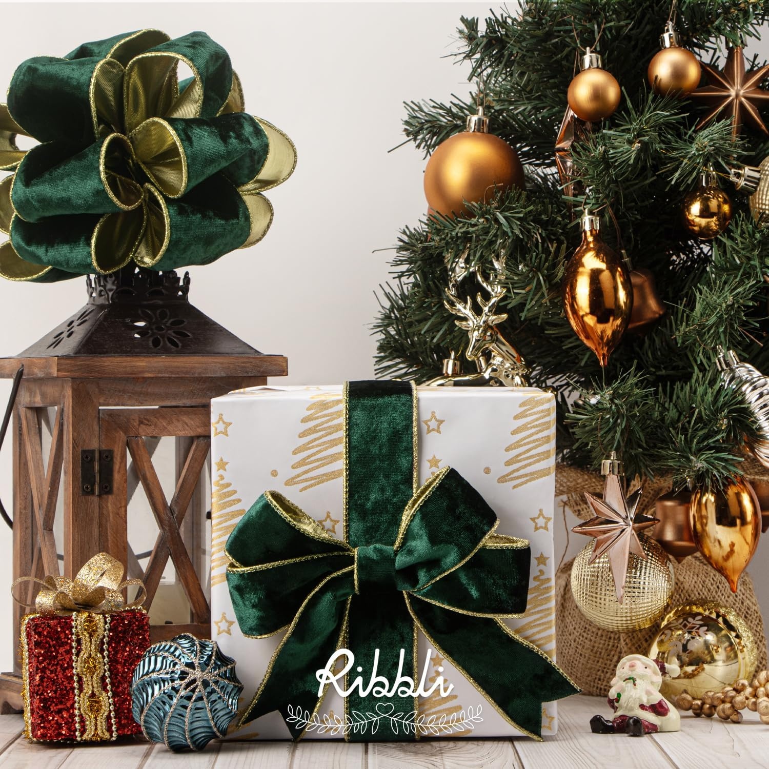 Ribbli Black Velvet Wired Ribbon 2.5 Inch Metallic Black Gold Crushed Velvet Christmas Ribbon for Gift Wrapping Christmas Tree Decoration Crafts Wreaths Supplies-Continuous 10 Yards(Forest Green)