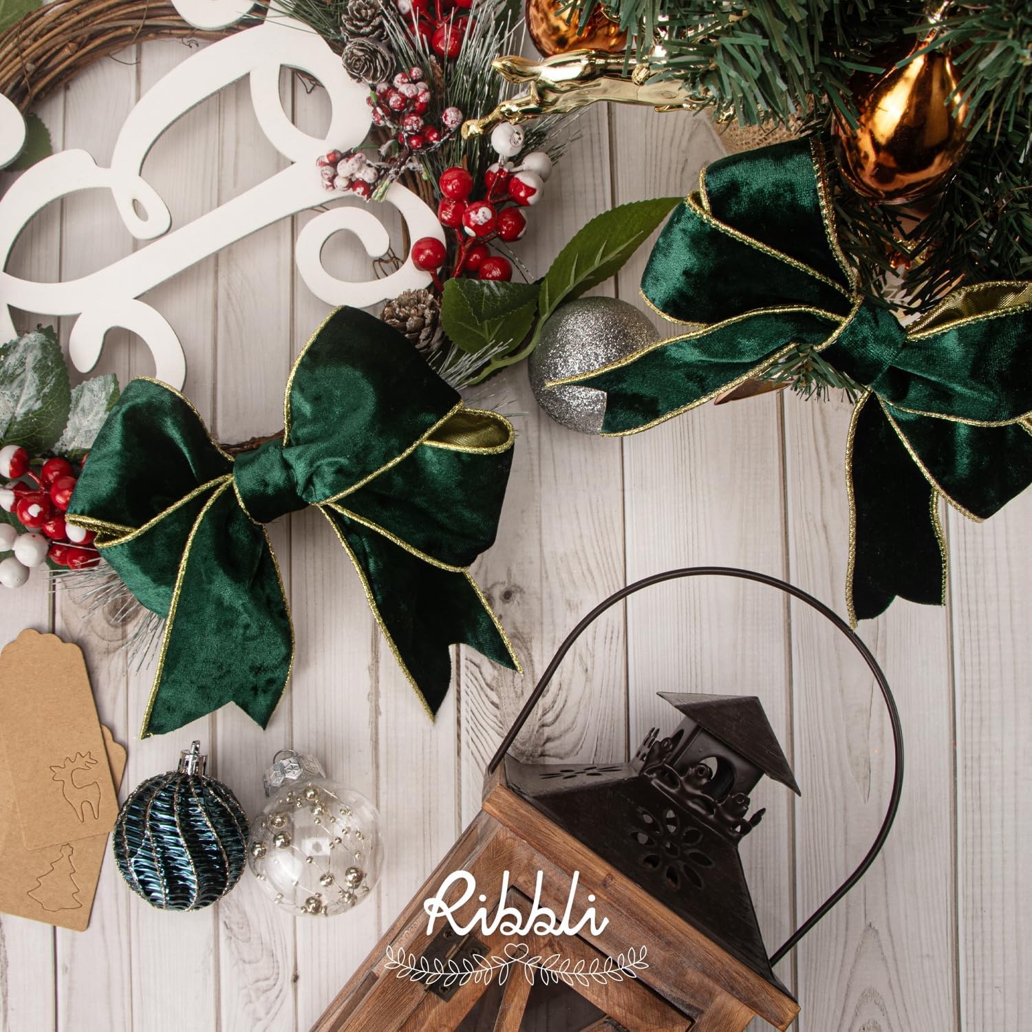 Ribbli Black Velvet Wired Ribbon 2.5 Inch Metallic Black Gold Crushed Velvet Christmas Ribbon for Gift Wrapping Christmas Tree Decoration Crafts Wreaths Supplies-Continuous 10 Yards(Forest Green)
