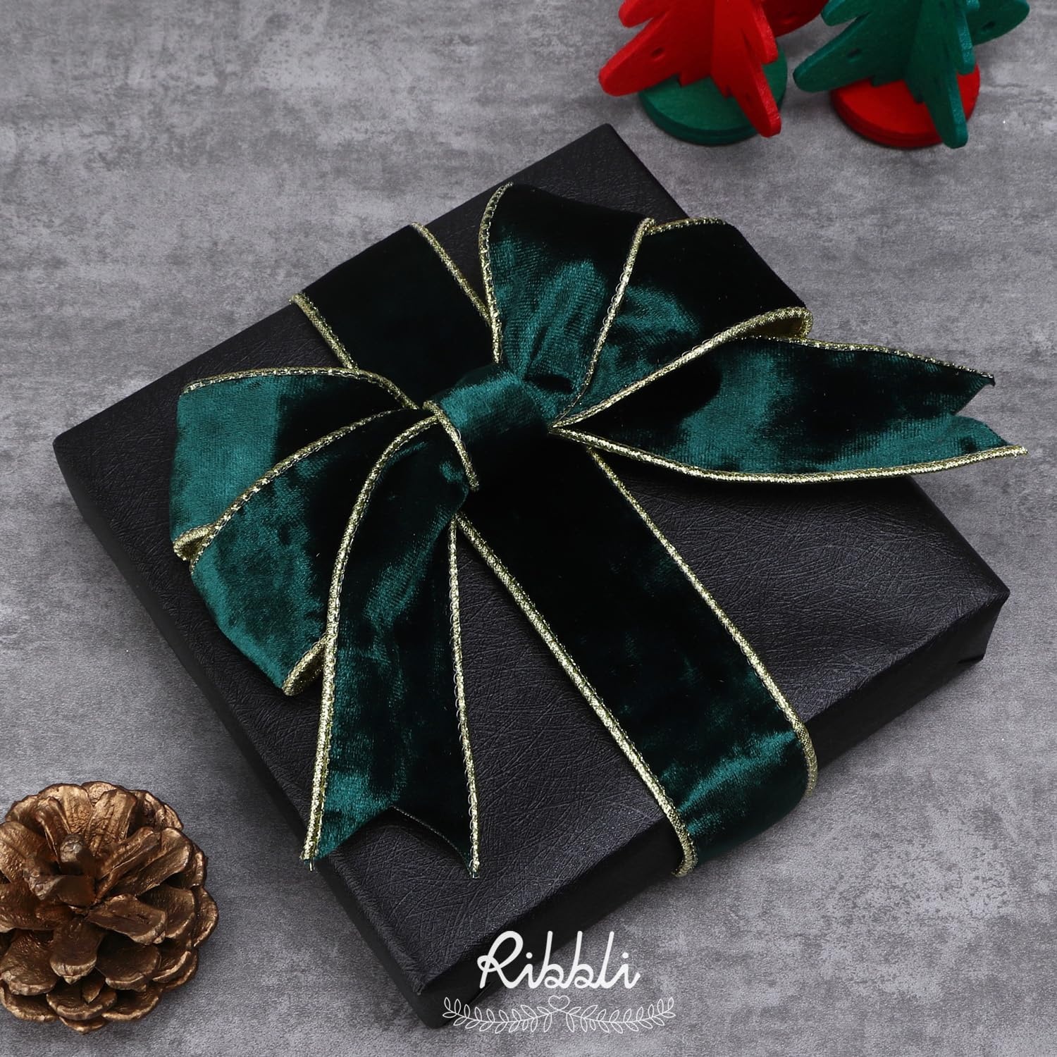 Ribbli Black Velvet Wired Ribbon 2.5 Inch Metallic Black Gold Crushed Velvet Christmas Ribbon for Gift Wrapping Christmas Tree Decoration Crafts Wreaths Supplies-Continuous 10 Yards(Forest Green)