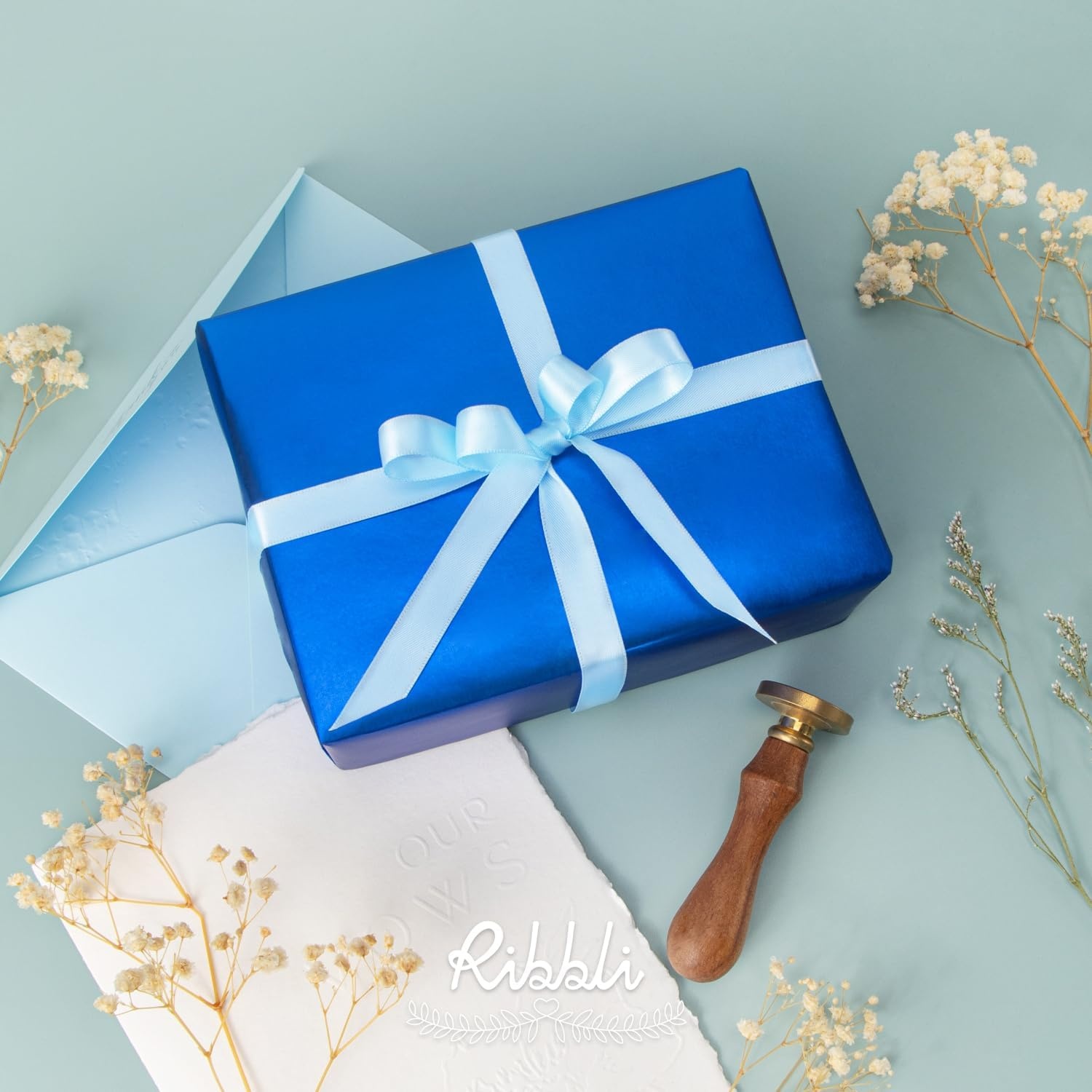 Ribbli Dusty Blue Satin Ribbon Double Faced Satin 1-1/2 Inch x Continuous 50 Yards-Blue Ribbon for Gift Wrapping Crafts Wedding Decoration Bows Bouquet Floral Arrangement(Blue Light)