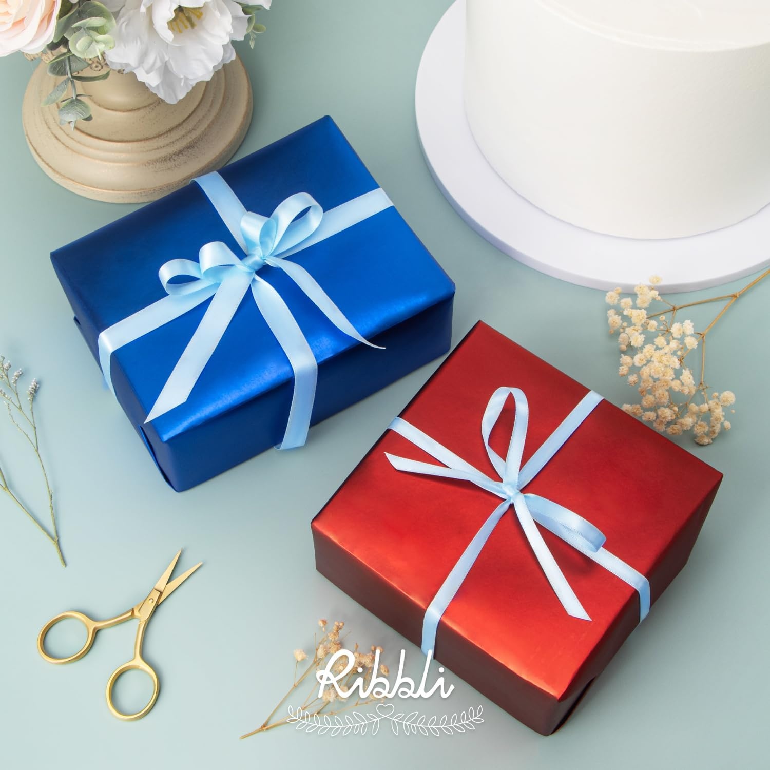 Ribbli Dusty Blue Satin Ribbon Double Faced Satin 1-1/2 Inch x Continuous 50 Yards-Blue Ribbon for Gift Wrapping Crafts Wedding Decoration Bows Bouquet Floral Arrangement(Blue Light)