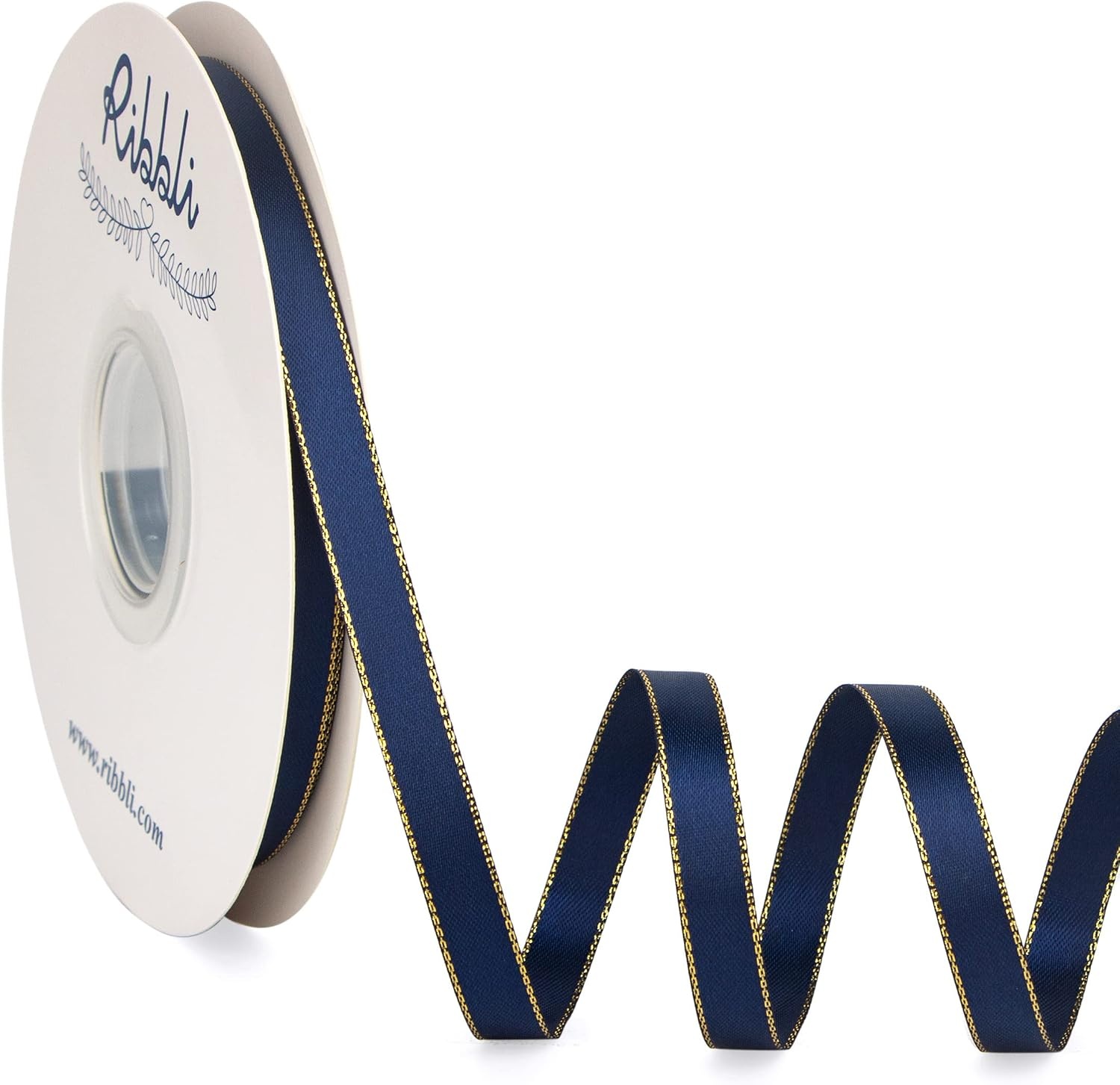 Ribbli Pearl Pink Satin Ribbon with Silver Edge,Double Faced Satin 3/8 inch x Continuous 50 Yards, Pearl Pink Ribbon Use for Crafts, Gift Wrapping, Wedding Card Decoration(Navy/Gold)