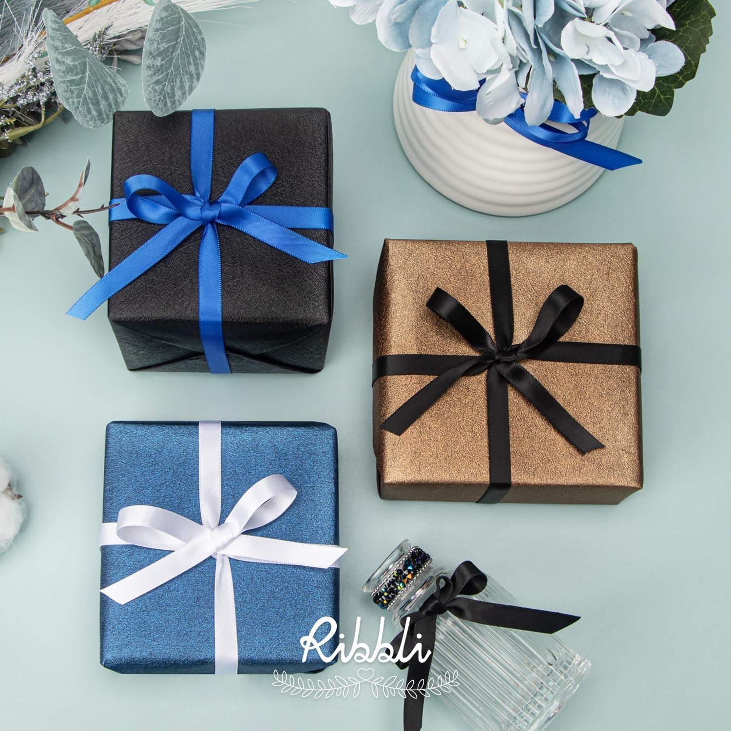 Ribbli Champagne Gold Satin Ribbon Double Faced Satin 3/8 Inch x Continuous 50 Yards-Champagne Ribbon for Gift Wrapping Crafts Wedding Decoration Bows Bouquet Floral Arrangement(Blue Royal)