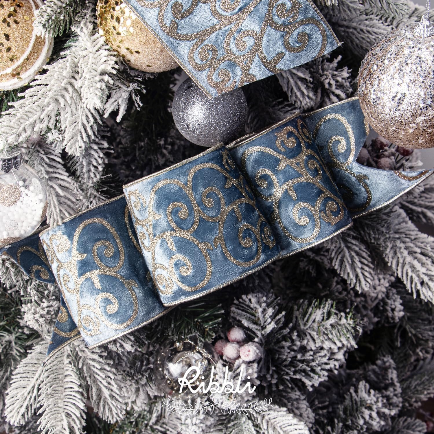 Ribbli Black Velvet Ribbon Wired with Glitter Swirl 4 Inch Christmas Ribbon for Christmas Tree Decoration Big Bow Gift Wrapping Crafts Wreaths Supplies – 10 Yards(Dusty Blue)