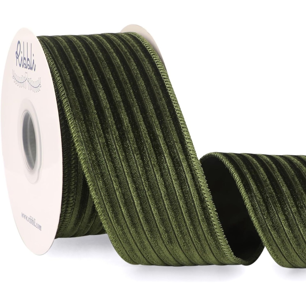Ribbli Glossy Dusty Green Velvet Wired Ribbon 2.5 Inch Striped Velvet Christmas Ribbon for Gift Wrapping Christmas Tree Decoration Crafts Wreaths Supplies-Continuous 10 Yards(Moss Green)
