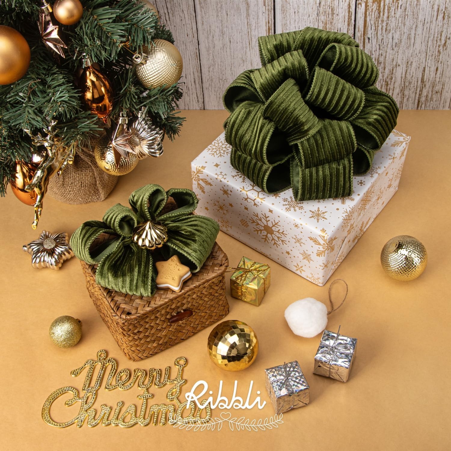 Ribbli Glossy Dusty Green Velvet Wired Ribbon 2.5 Inch Striped Velvet Christmas Ribbon for Gift Wrapping Christmas Tree Decoration Crafts Wreaths Supplies-Continuous 10 Yards(Moss Green)