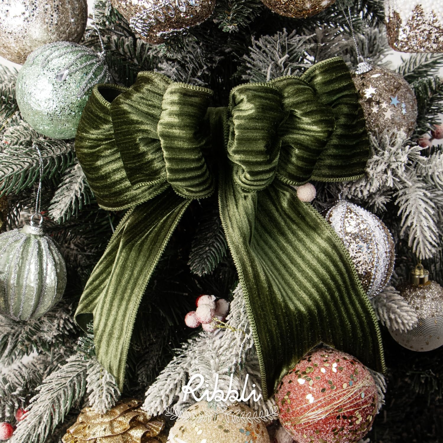 Ribbli Glossy Dusty Green Velvet Wired Ribbon 2.5 Inch Striped Velvet Christmas Ribbon for Gift Wrapping Christmas Tree Decoration Crafts Wreaths Supplies-Continuous 10 Yards(Moss Green)