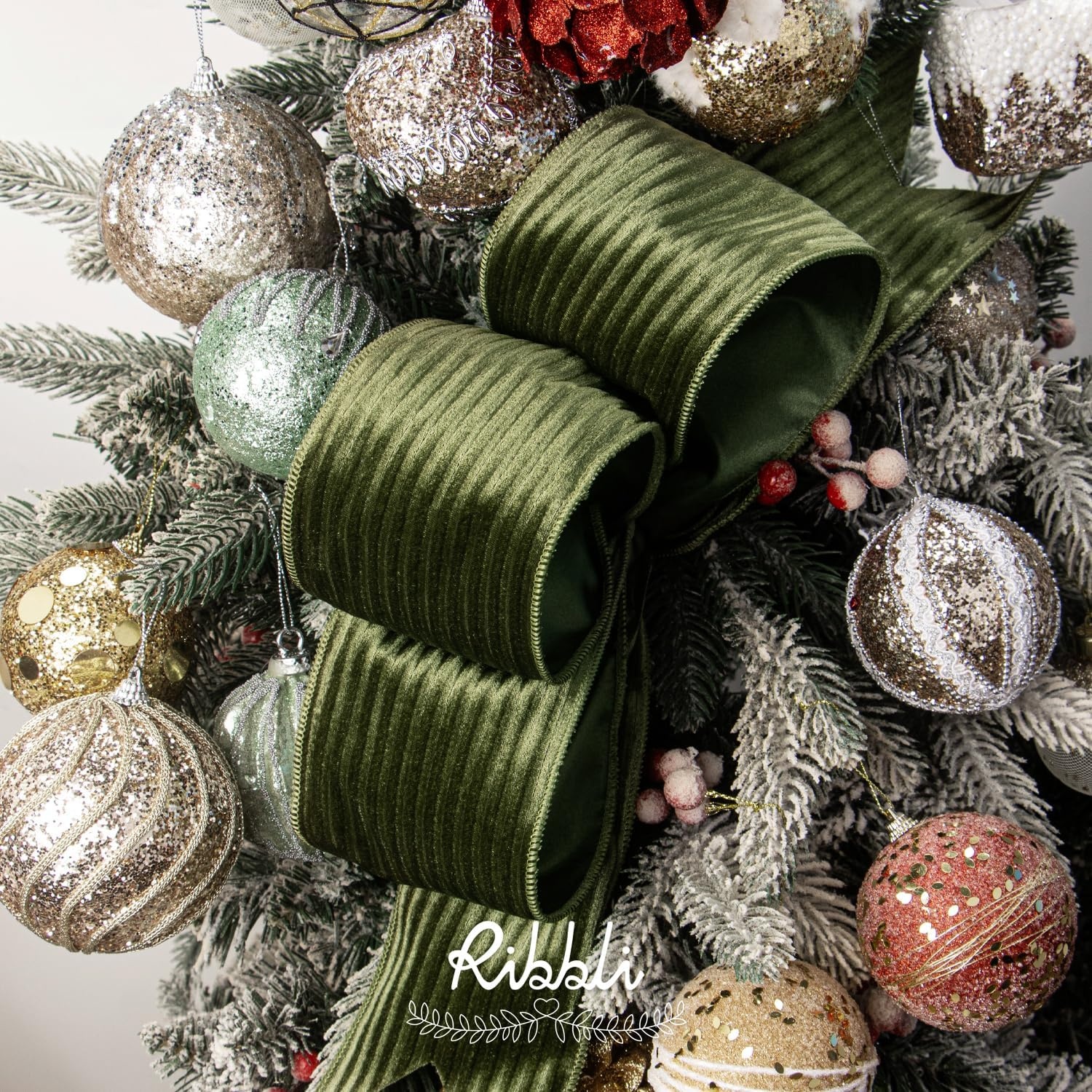 Ribbli Glossy Dusty Green Velvet Wired Ribbon 2.5 Inch Striped Velvet Christmas Ribbon for Gift Wrapping Christmas Tree Decoration Crafts Wreaths Supplies-Continuous 10 Yards(Moss Green)