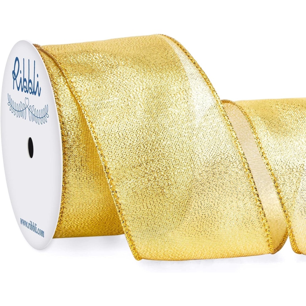 Ribbli Metallic Emerlad Green Wired Ribbon,2-1/2 Inch x Continuous 10 Yard, Deluxe Green Glitter,Christmas Ribbon for Crafts,Wreaths,Big Bow,Gift Wrapping, Christmas Tree Decoration(Gold)