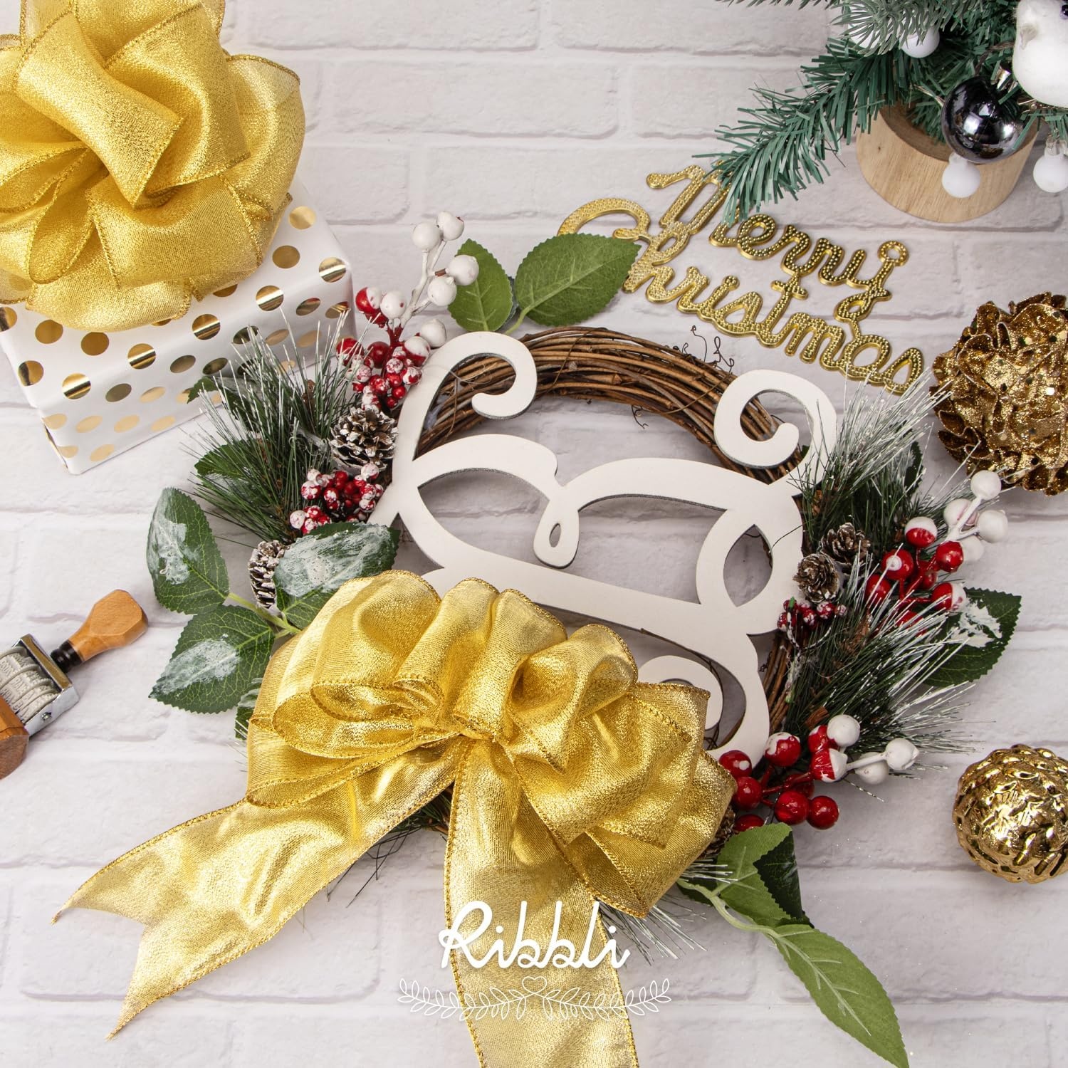 Ribbli Metallic Emerlad Green Wired Ribbon,2-1/2 Inch x Continuous 10 Yard, Deluxe Green Glitter,Christmas Ribbon for Crafts,Wreaths,Big Bow,Gift Wrapping, Christmas Tree Decoration(Gold)