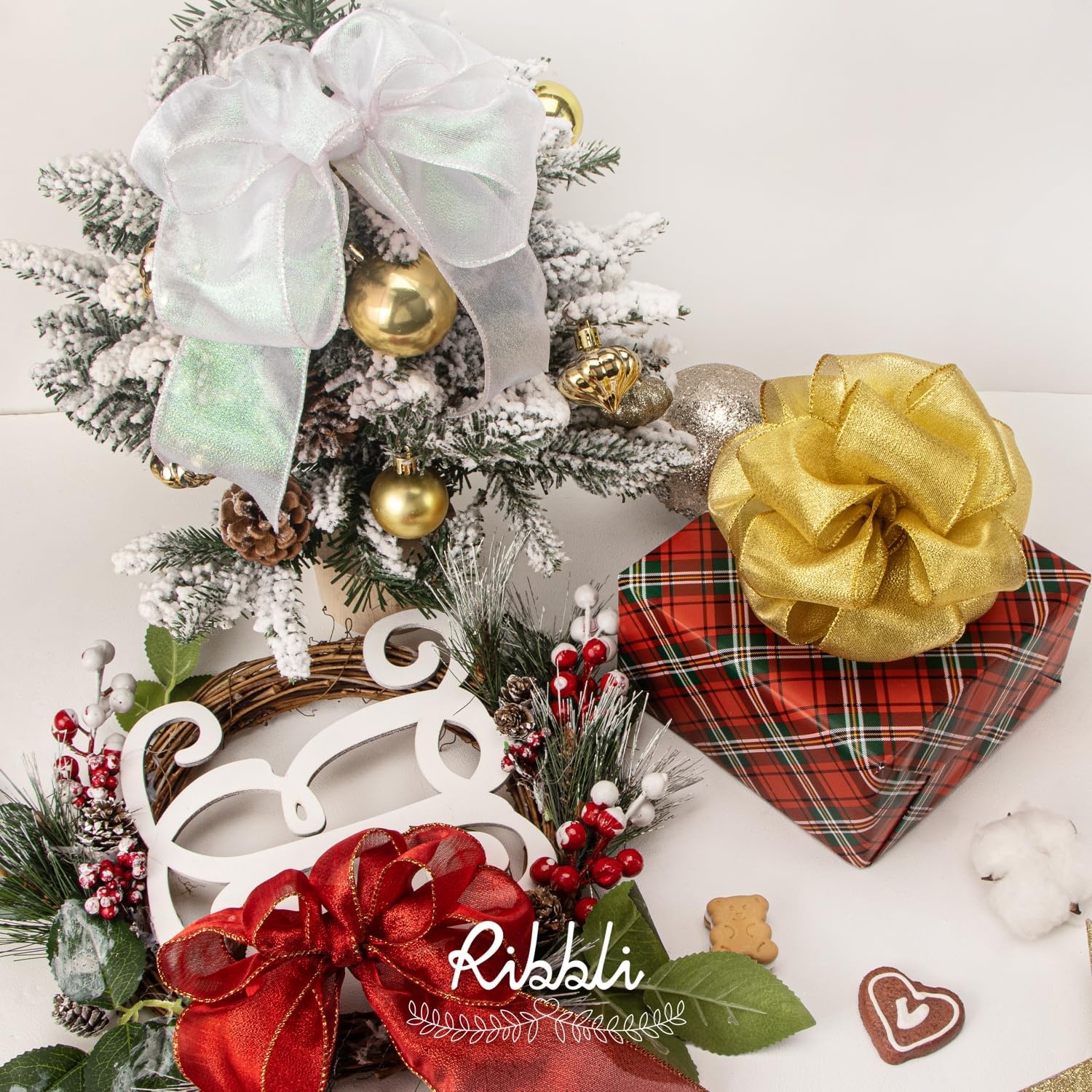 Ribbli Metallic Emerlad Green Wired Ribbon,2-1/2 Inch x Continuous 10 Yard, Deluxe Green Glitter,Christmas Ribbon for Crafts,Wreaths,Big Bow,Gift Wrapping, Christmas Tree Decoration(Gold)