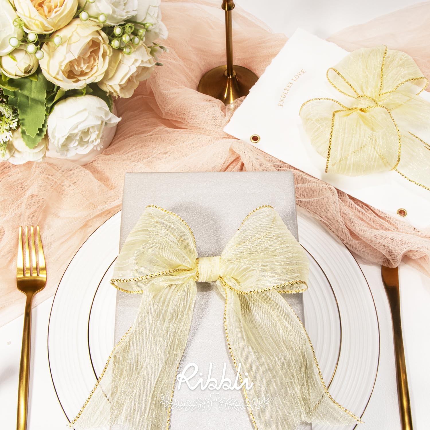 Ribbli Gold Crinkled Wired Ribbon 2.5 Inch with Metallic Wavy Christmas Ribbon for Cristmas Tree Topper Bow Wreaths Swags Gift Wrapping Wedding Decoration-Countinuous 10 Yard(Ivory)