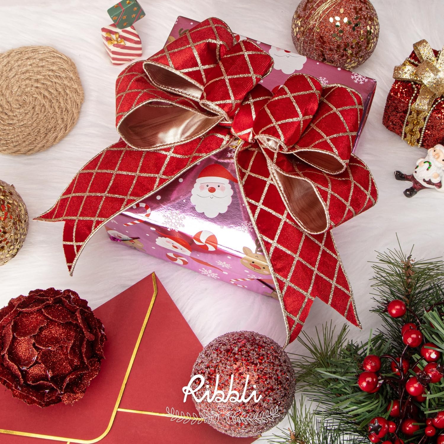 Ribbli Dusty Green Velvet Ribbon Wired with Glitter Diamond Grid 2-1/2 Inch Christmas Ribbon for Christmas Tree Decoration Big Bow Gift Wrapping Crafts Wreaths Garland Supplies – 10 Yards(Red)