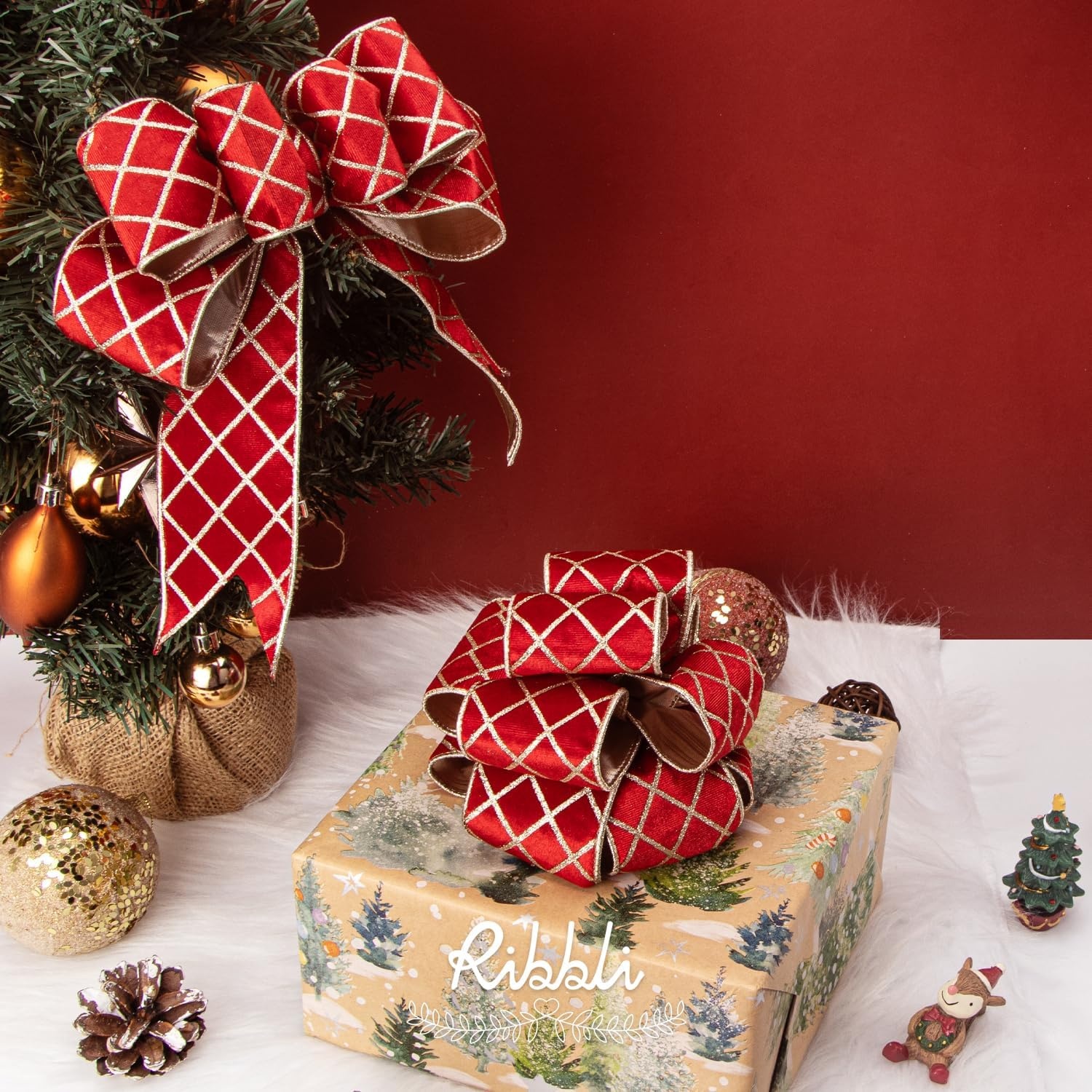 Ribbli Dusty Green Velvet Ribbon Wired with Glitter Diamond Grid 2-1/2 Inch Christmas Ribbon for Christmas Tree Decoration Big Bow Gift Wrapping Crafts Wreaths Garland Supplies – 10 Yards(Red)