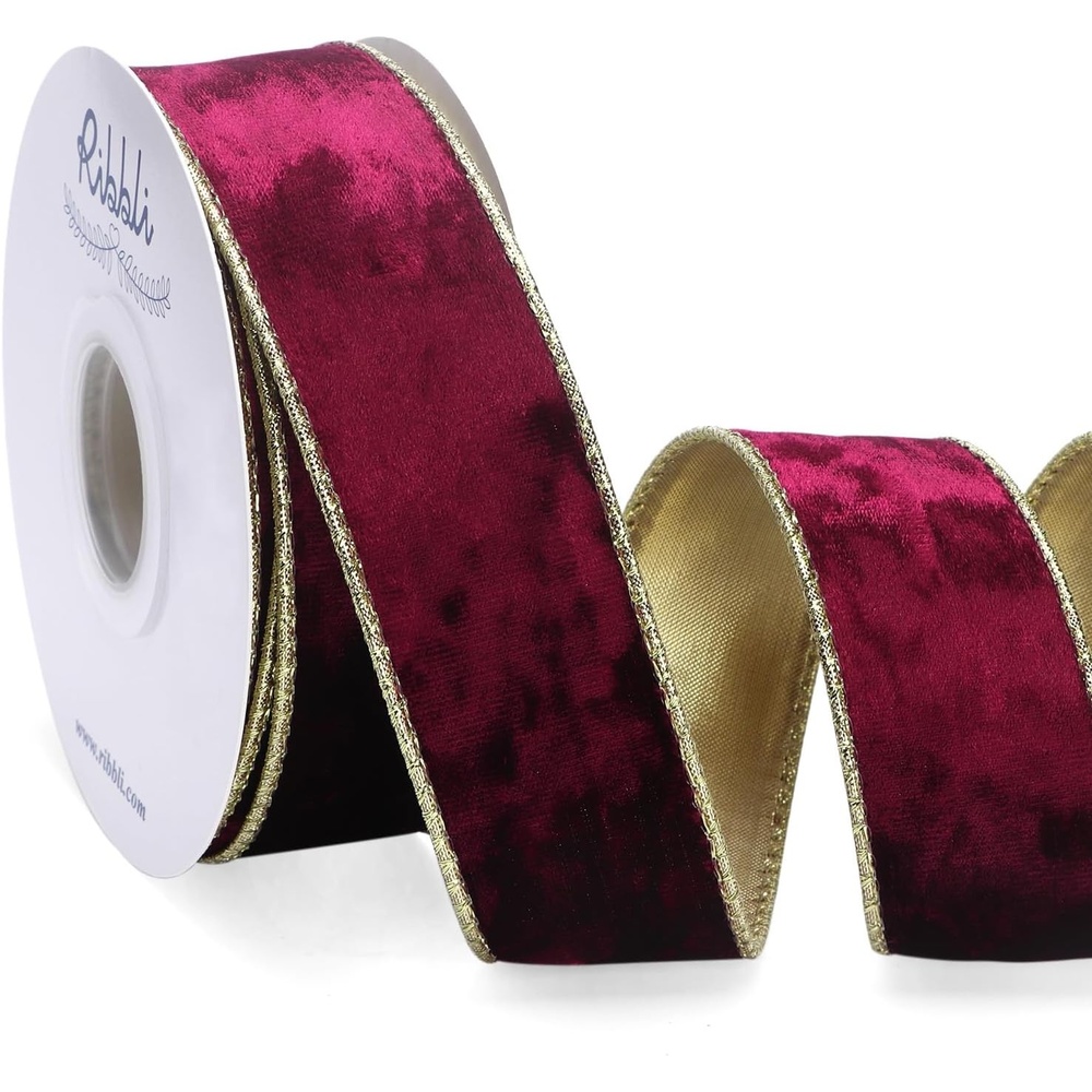 Ribbli Black Velvet Wired Ribbon 2.5 Inch Metallic Black Gold Crushed Velvet Christmas Ribbon for Gift Wrapping Christmas Tree Decoration Crafts Wreaths Supplies-Continuous 10 Yards(Burgundy)