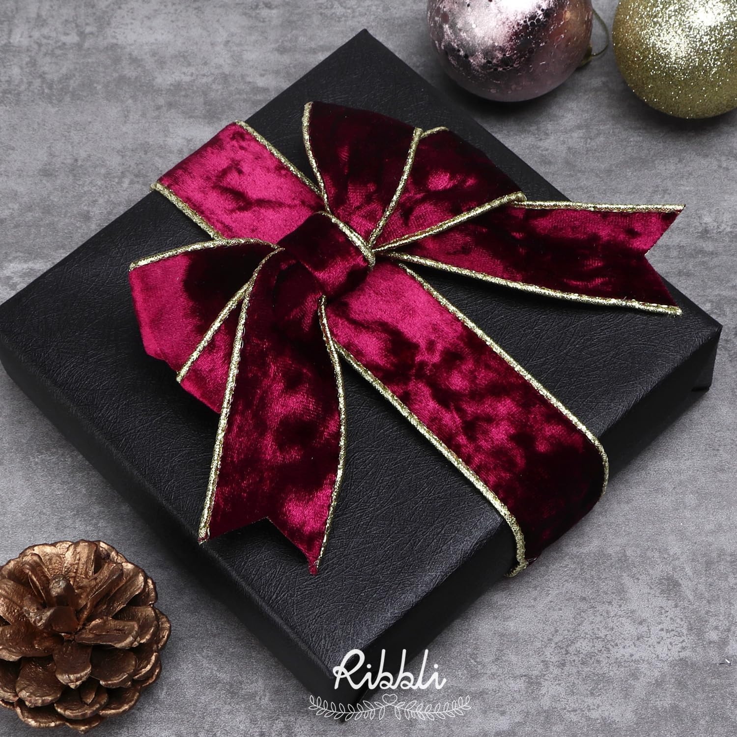 Ribbli Black Velvet Wired Ribbon 2.5 Inch Metallic Black Gold Crushed Velvet Christmas Ribbon for Gift Wrapping Christmas Tree Decoration Crafts Wreaths Supplies-Continuous 10 Yards(Burgundy)